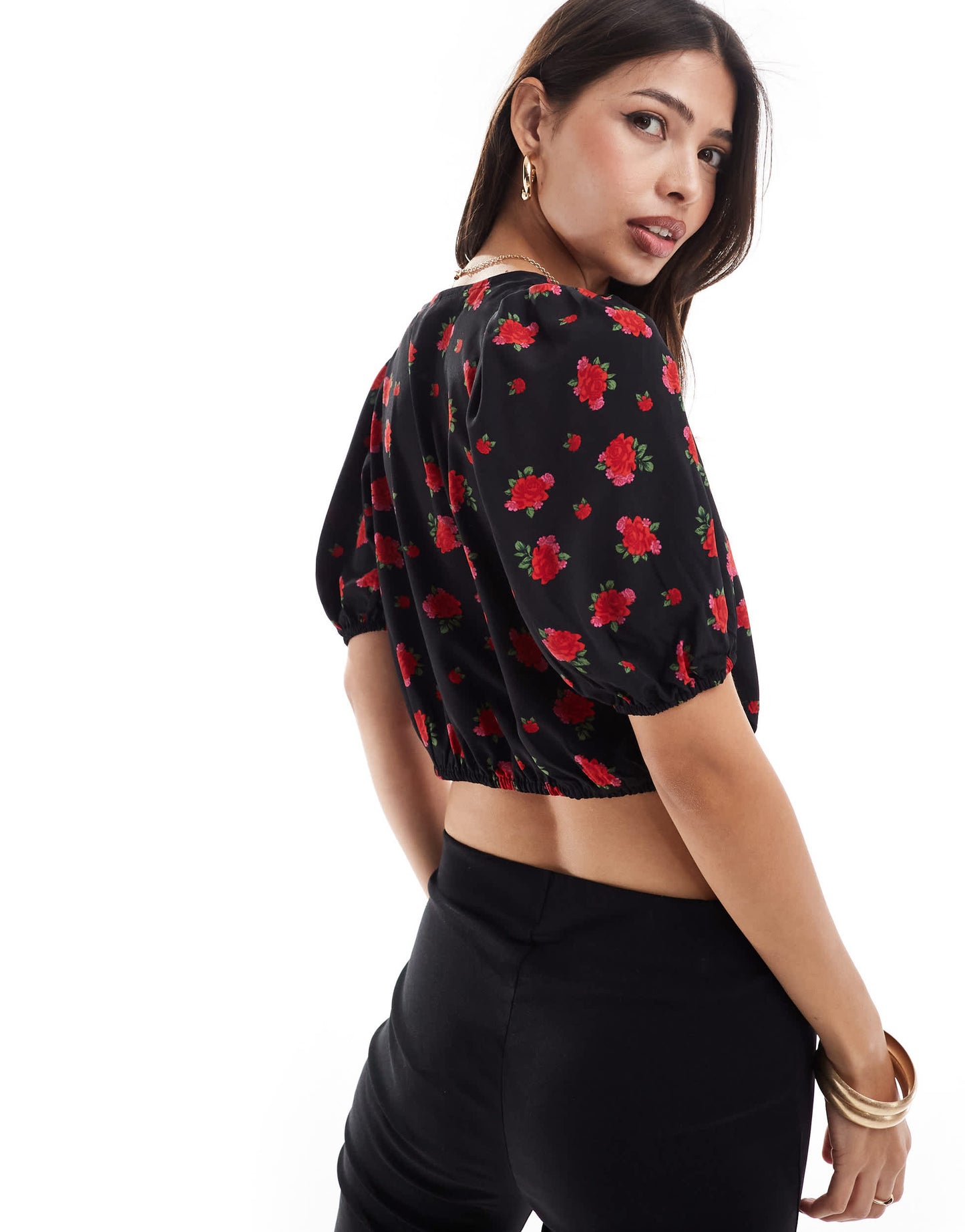 Brave Soul puff sleeve floral printed crop top with tie front detail in black