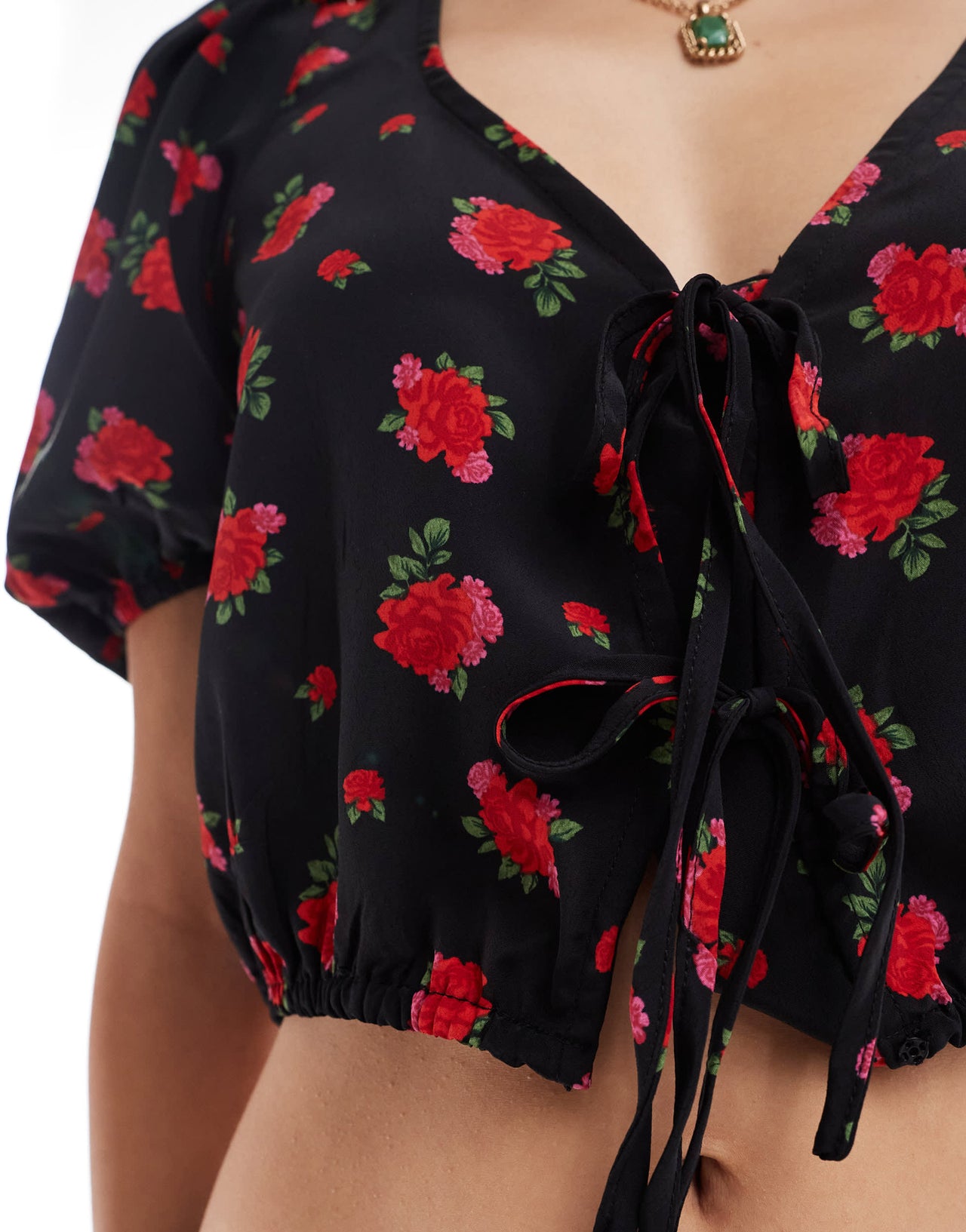 Brave Soul puff sleeve floral printed crop top with tie front detail in black