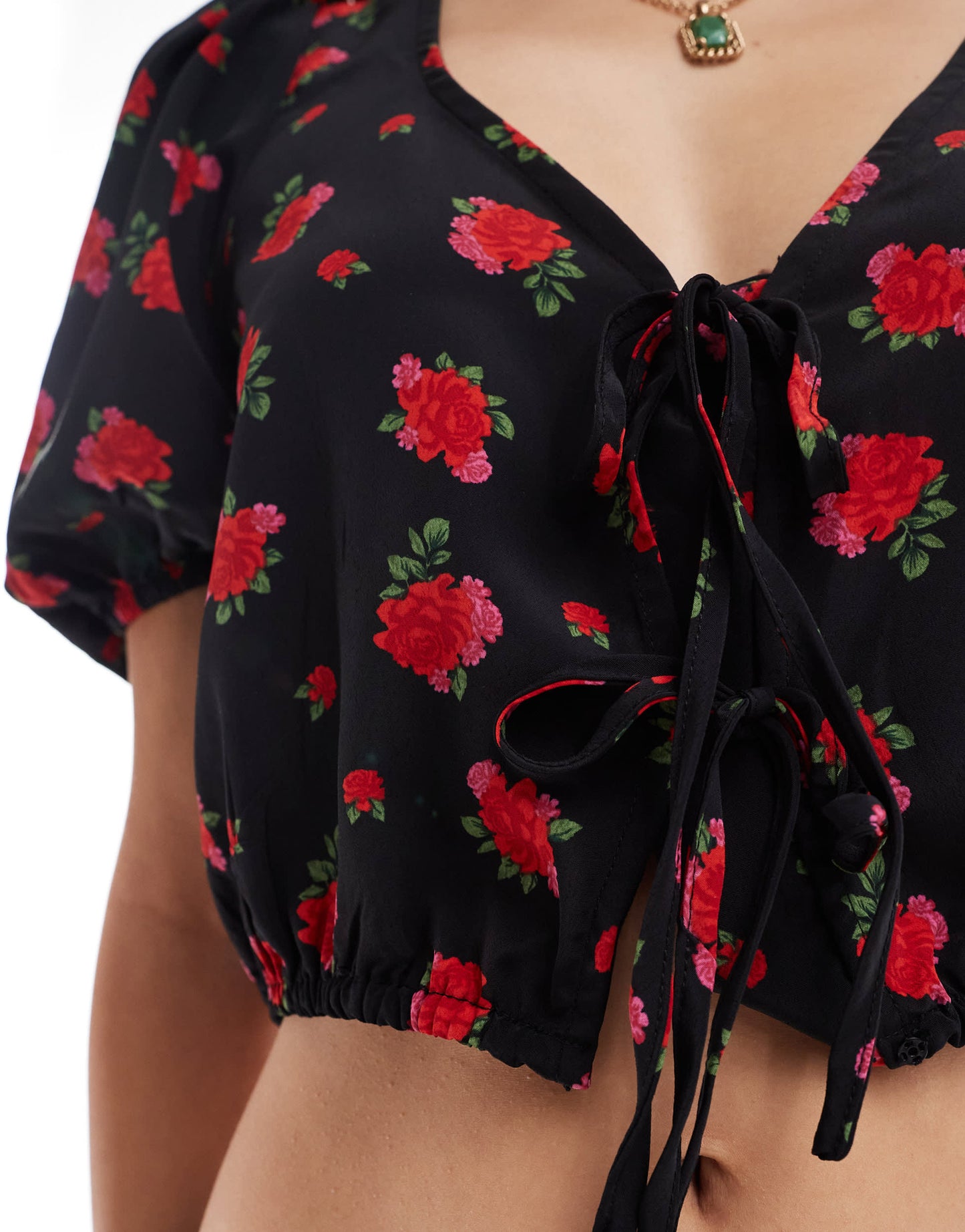 Brave Soul puff sleeve floral printed crop top with tie front detail in black
