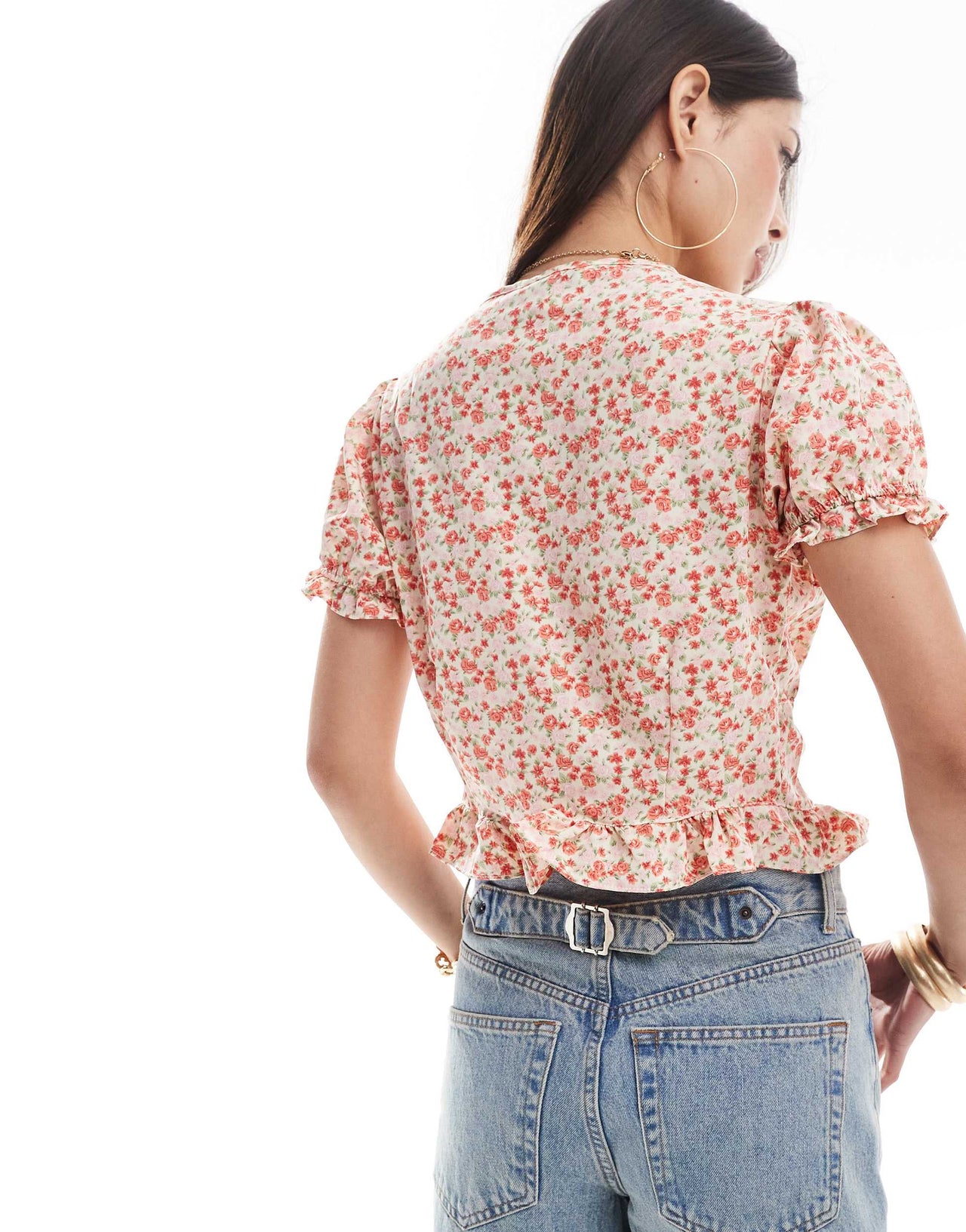 Brave Soul puff sleeve tie front floral top in pink