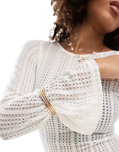 Brave Soul long sleeve mesh knitted dress in off white