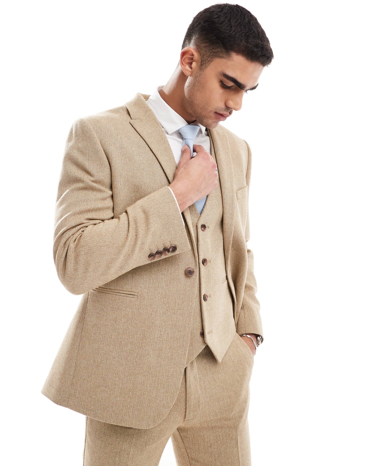 ASOS DESIGN wedding slim wool mix suit jacket in beige basketweave texture