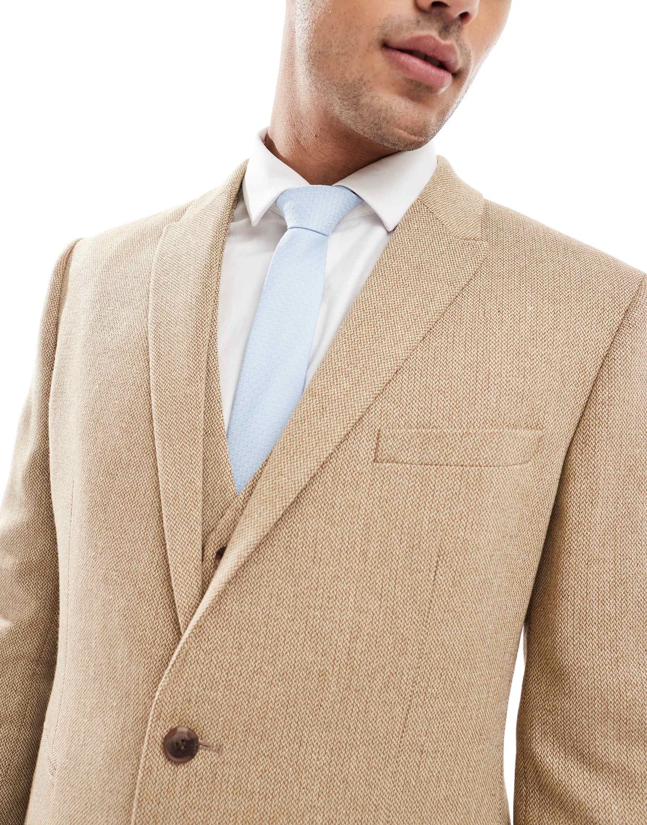ASOS DESIGN wedding slim wool mix suit jacket in beige basketweave texture