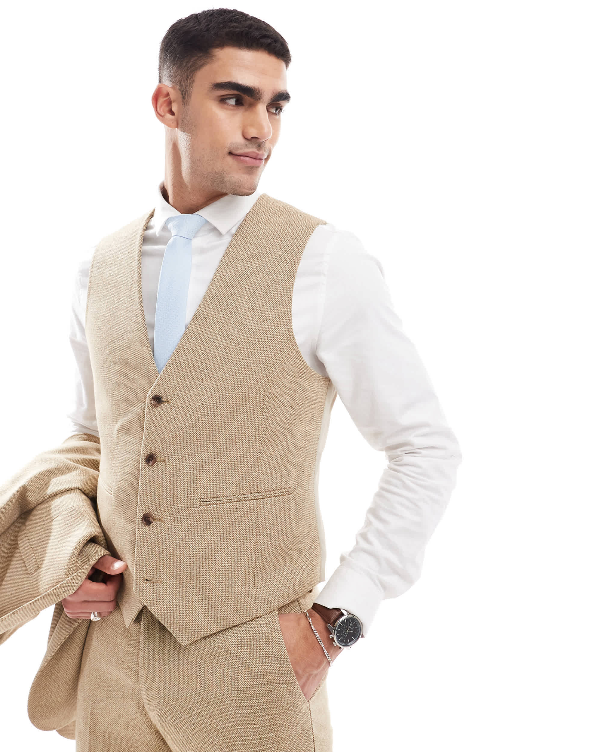 ASOS DESIGN wedding slim wool mix suit waistcoat in beige basketweave texture