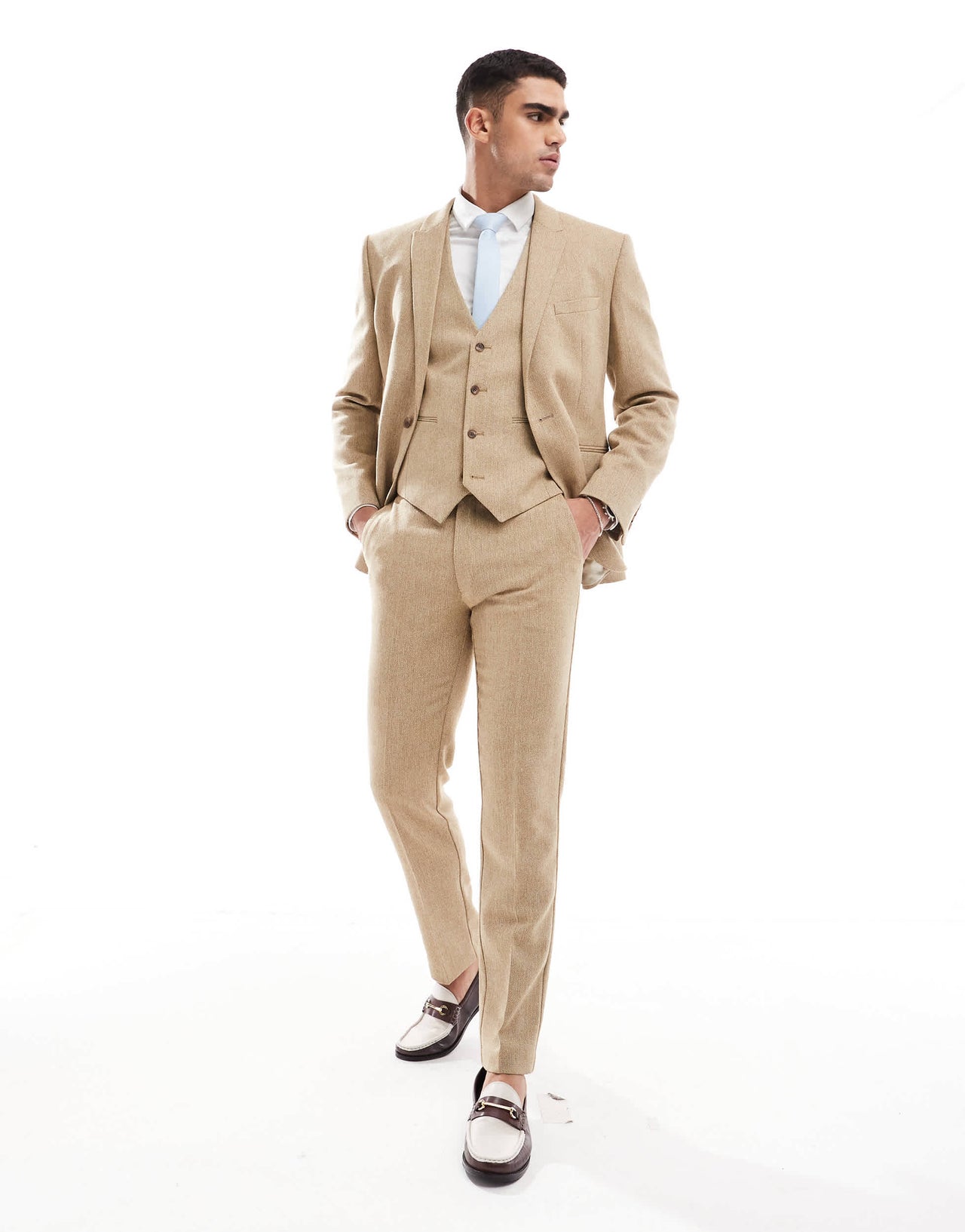 ASOS DESIGN wedding slim wool mix suit waistcoat in beige basketweave texture
