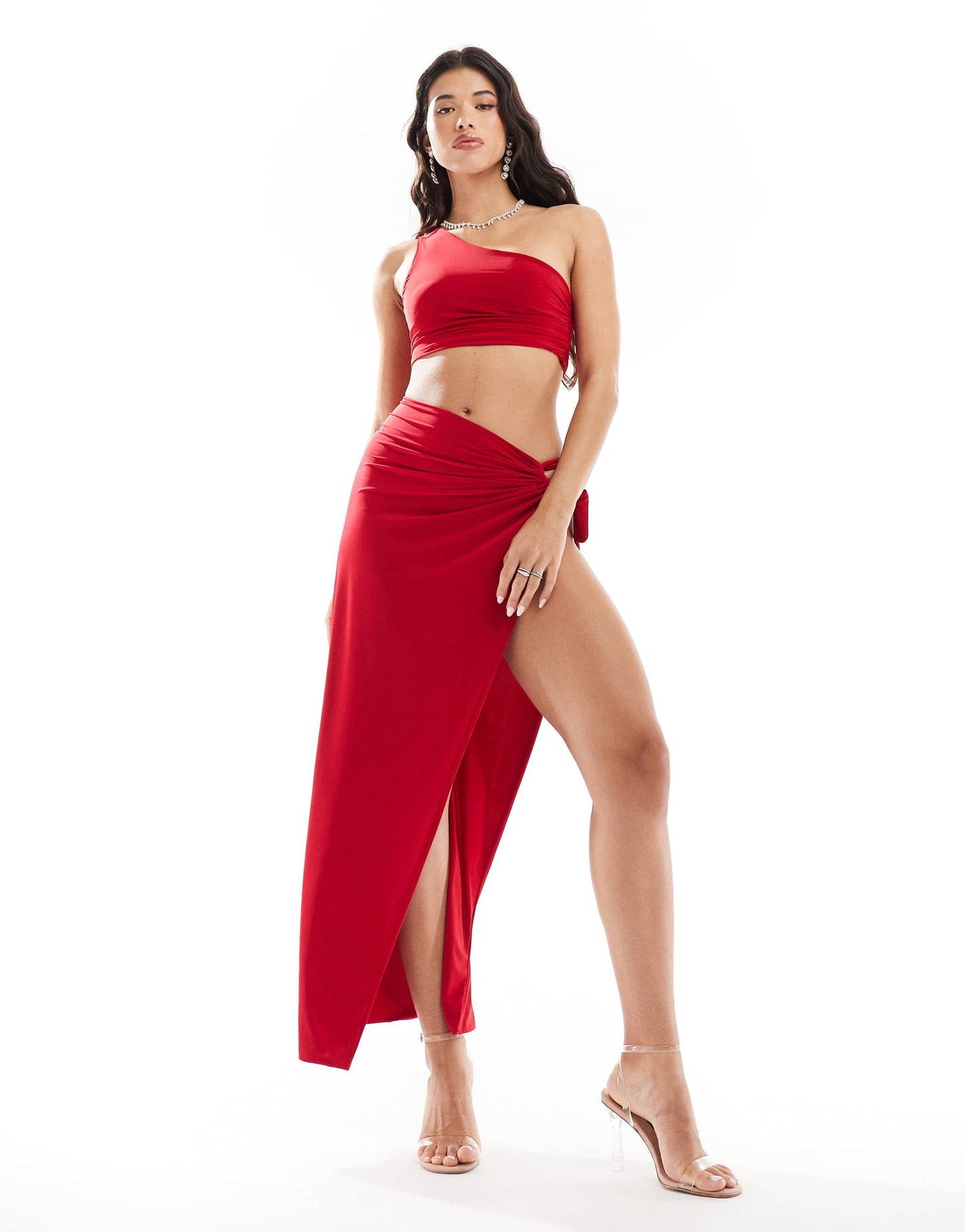 Missyempire one shoulder ruched crop top co-ord in red