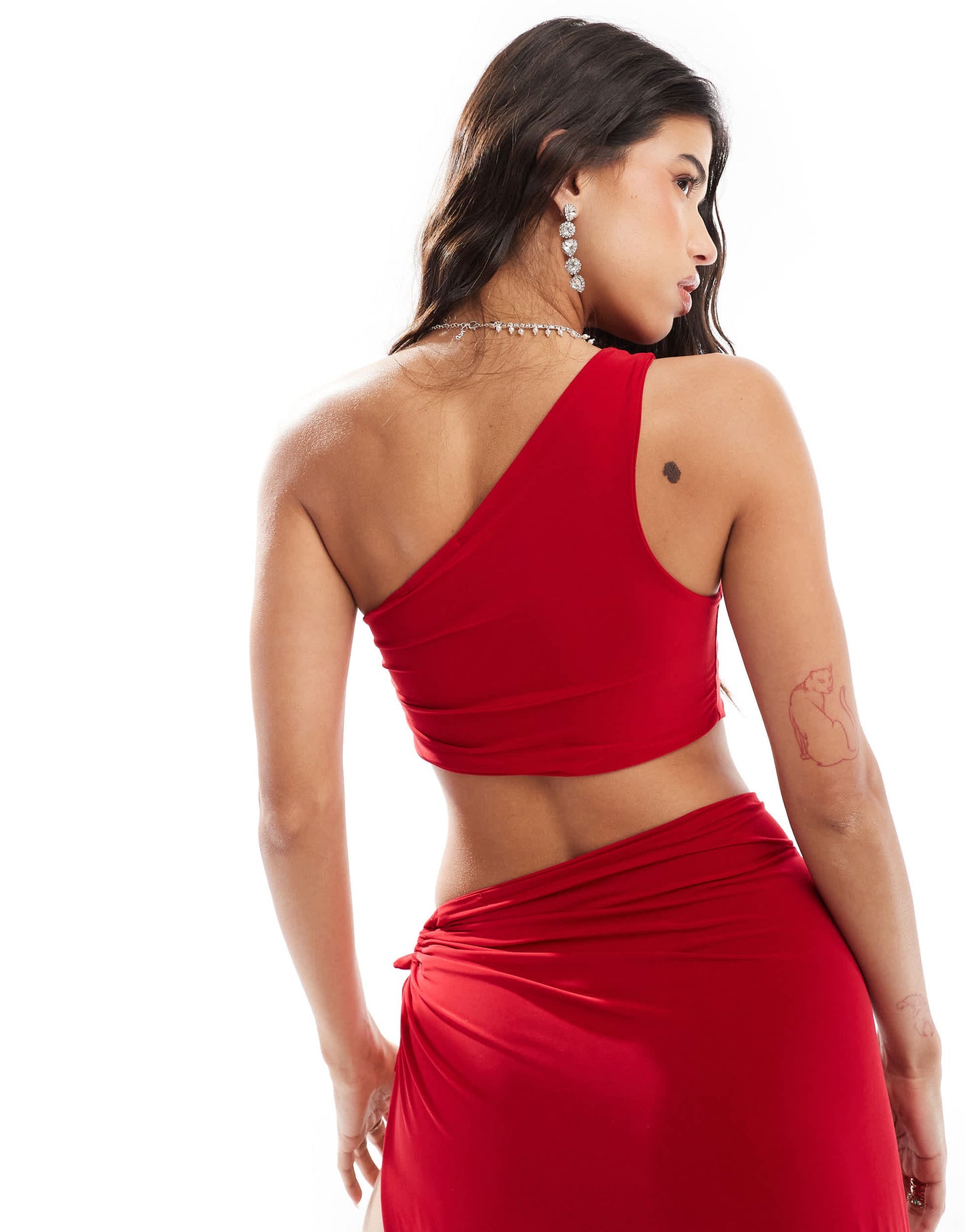 Missyempire one shoulder ruched crop top co-ord in red