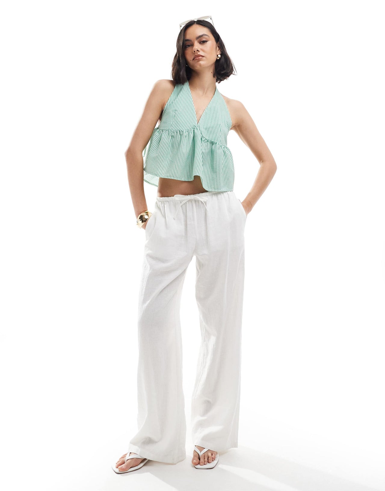 ASOS DESIGN open tie side halter top in green stripe