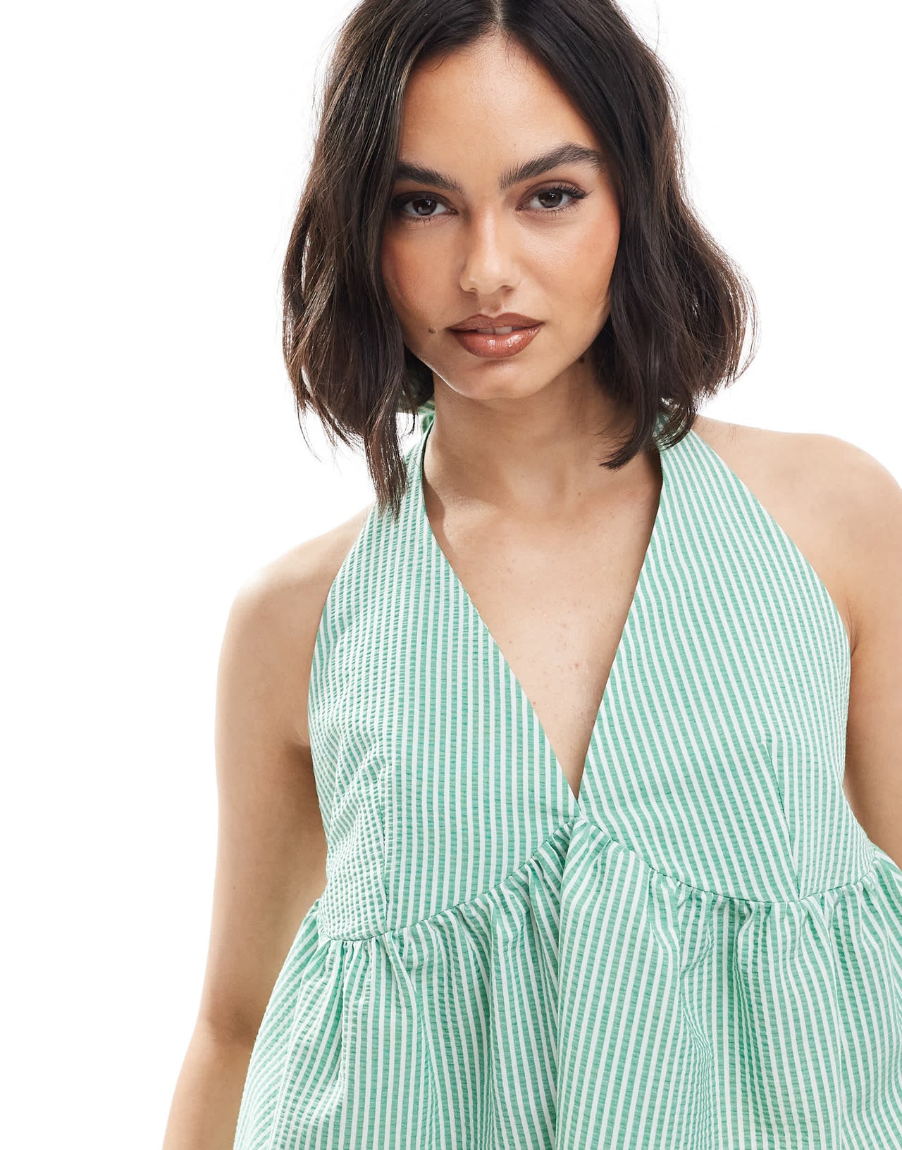 ASOS DESIGN open tie side halter top in green stripe
