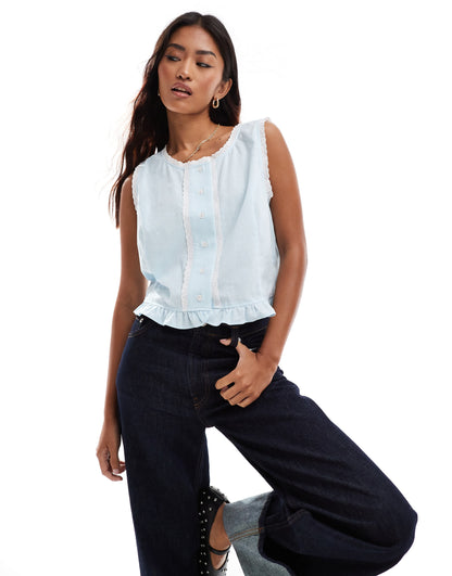 ASOS DESIGN linen blend button through vest in blue