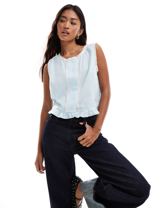 ASOS DESIGN linen blend button through vest in blue