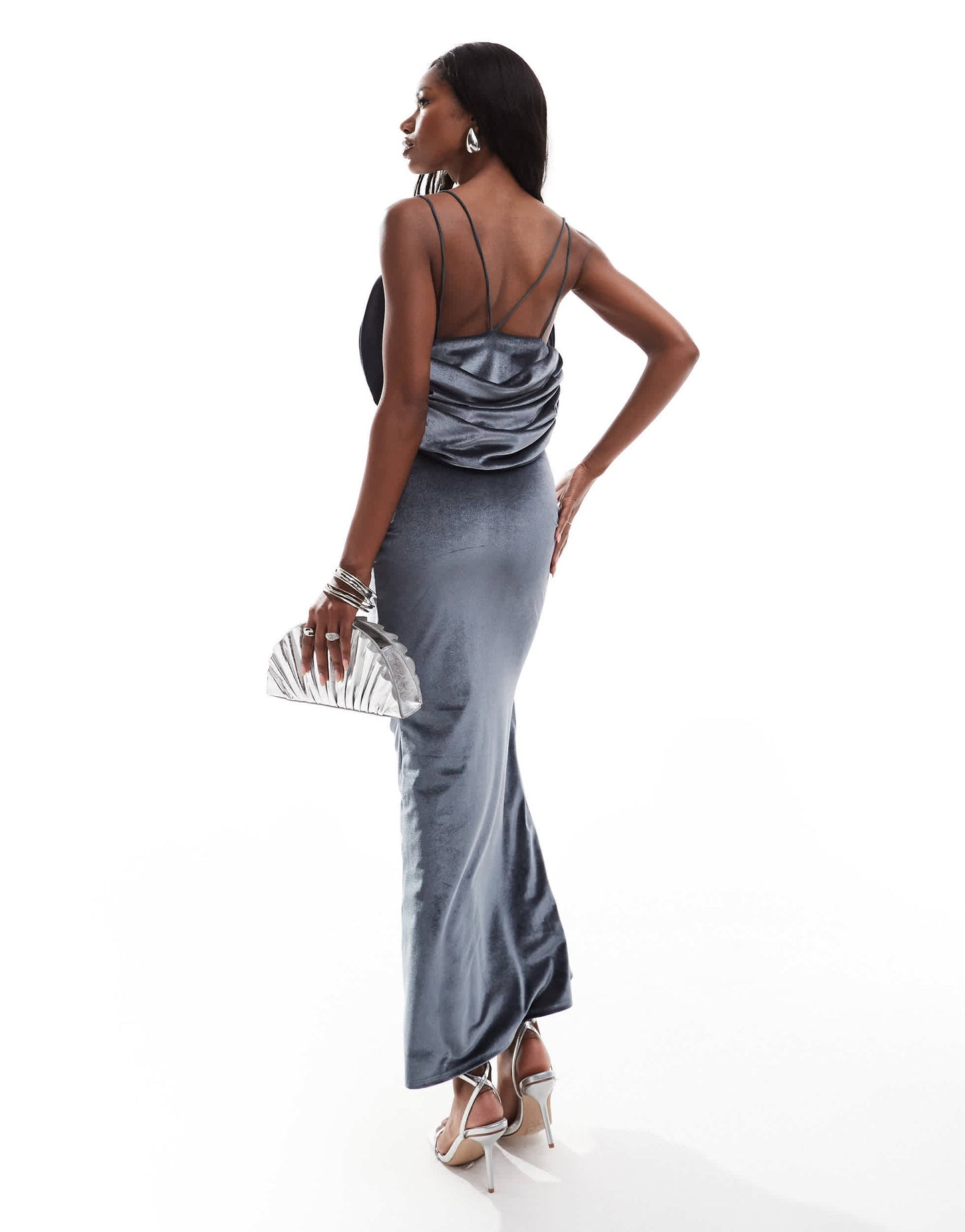 ASOS DESIGN velvet cowl back midi dress in charcoal grey