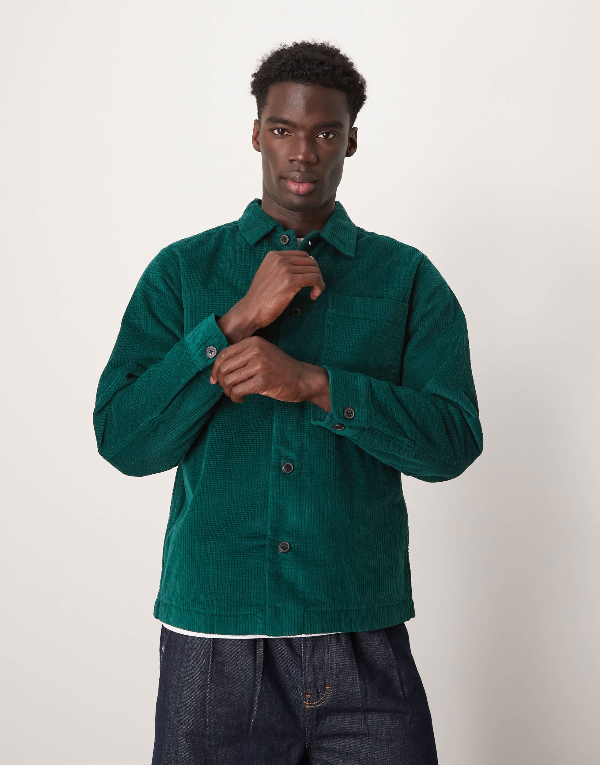 Selected textured padded overshirt in green