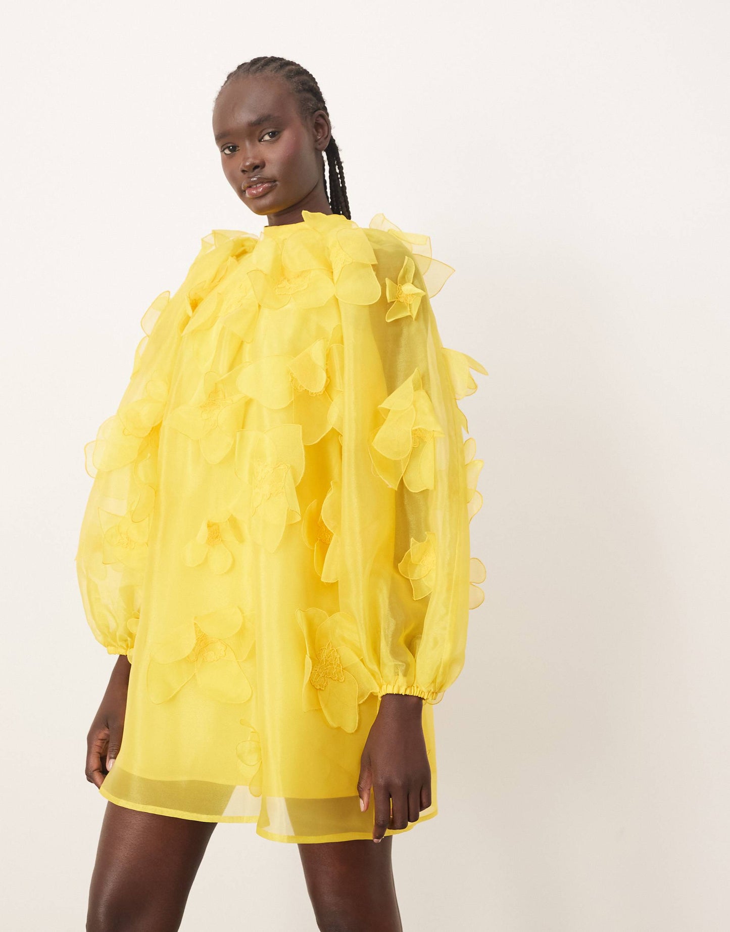 ARRANGE organza applique floral high neck trapeze mini dress in yellow
