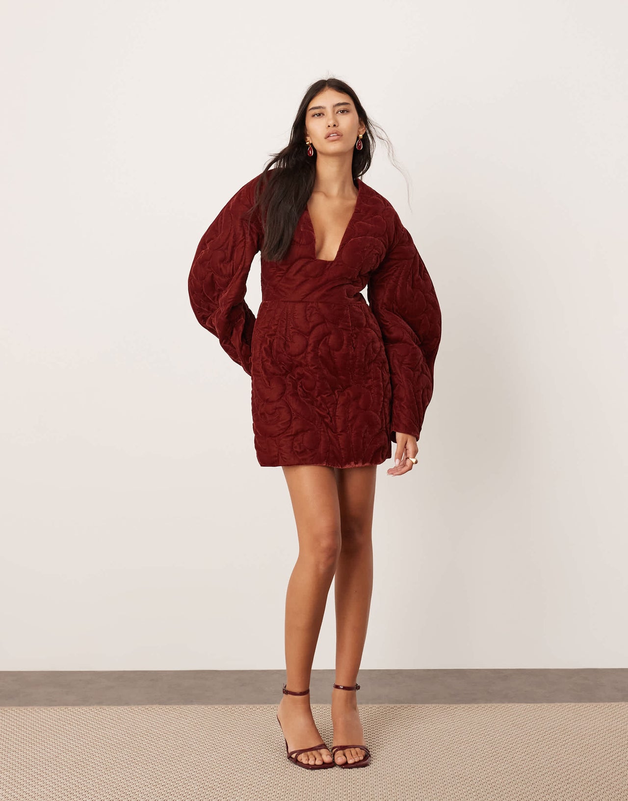 ASOS EDITION velvet embroidered quilted plunge mini dress with sleeve detail in burgundy