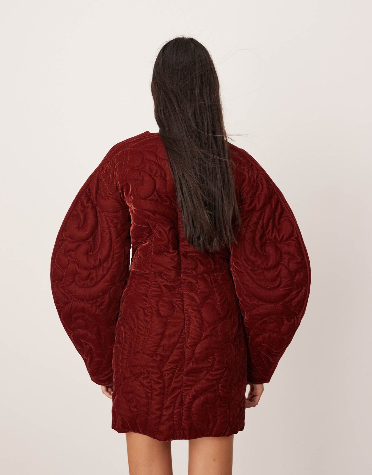 ASOS EDITION velvet embroidered quilted plunge mini dress with sleeve detail in burgundy