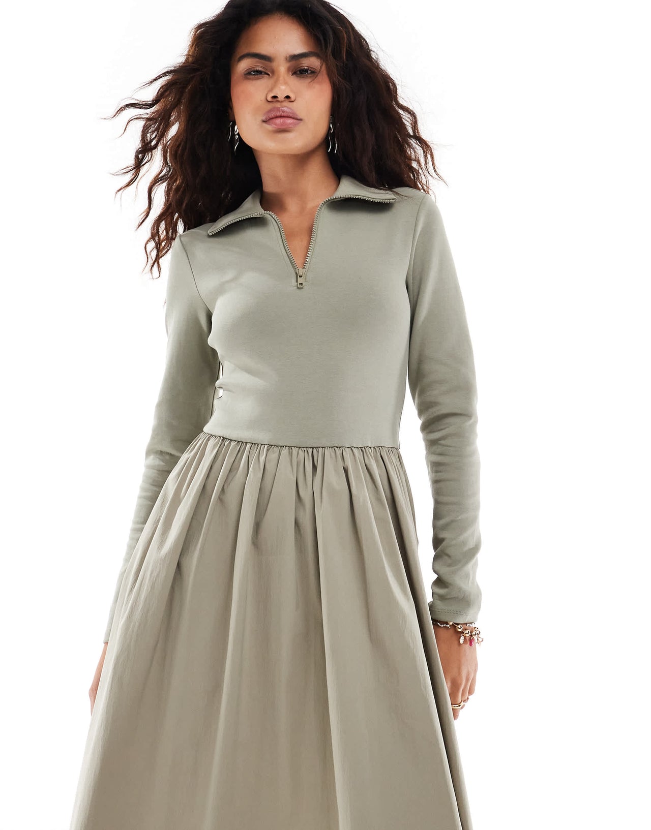Urban Revivo half zip collar detail midaxi dress in taupe