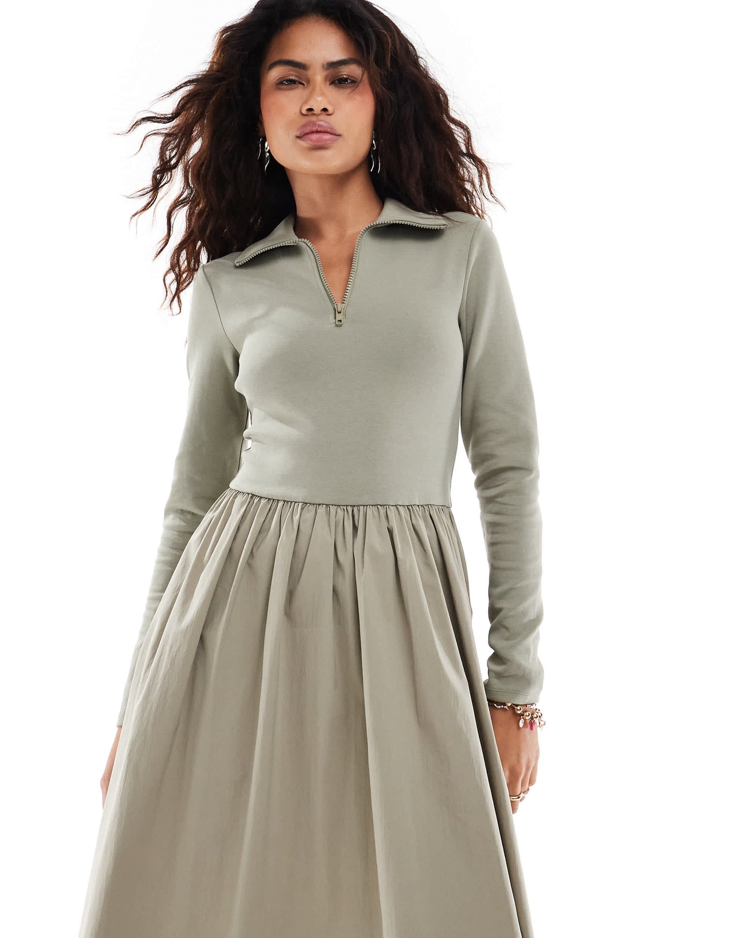 Urban Revivo half zip collar detail midaxi dress in taupe