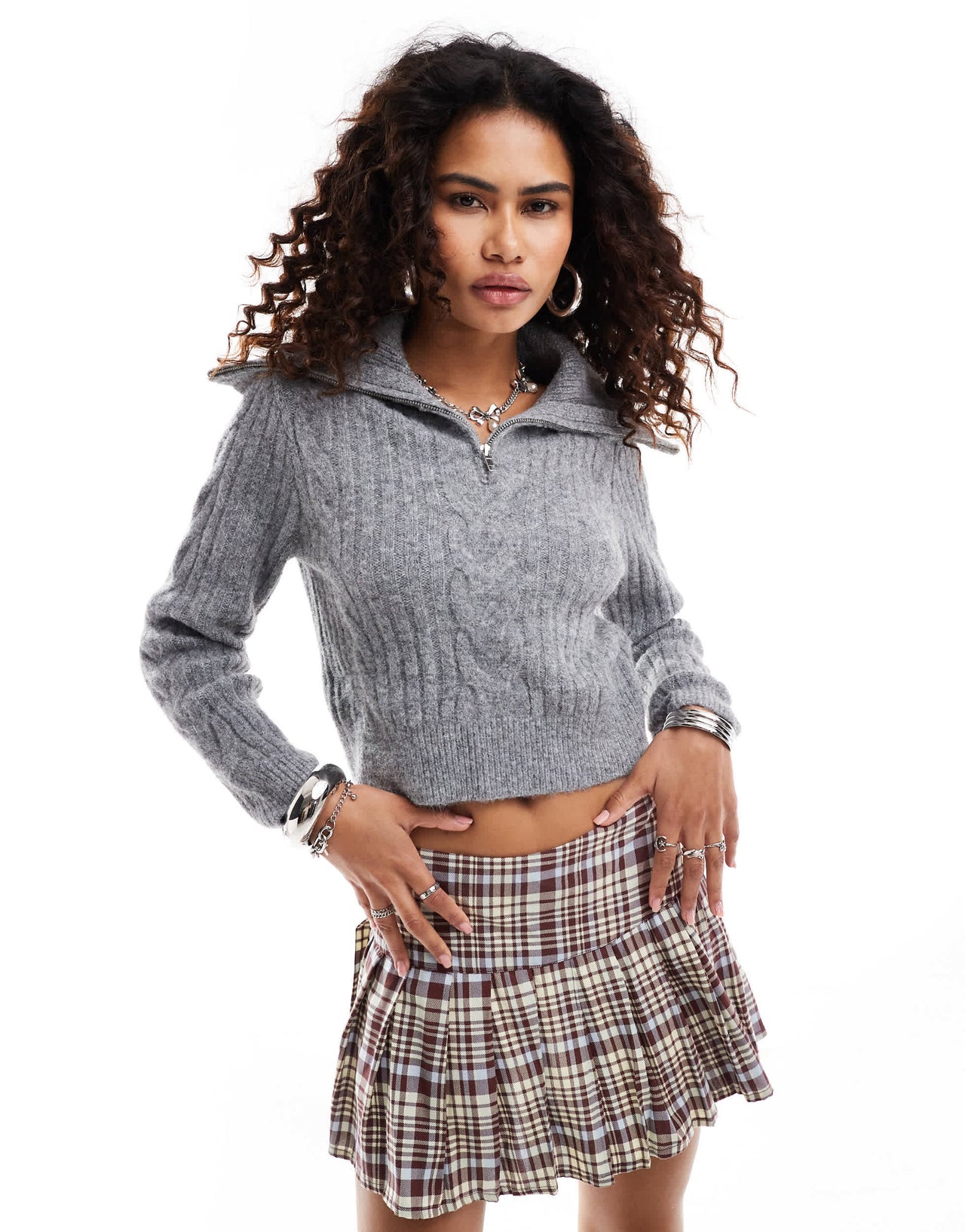 Urban Revivo high neck cable knit jumper in light grey