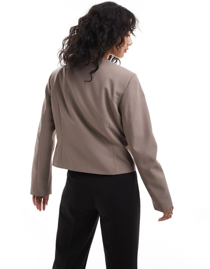 ASOS DESIGN cropped collarless blazer in mocha