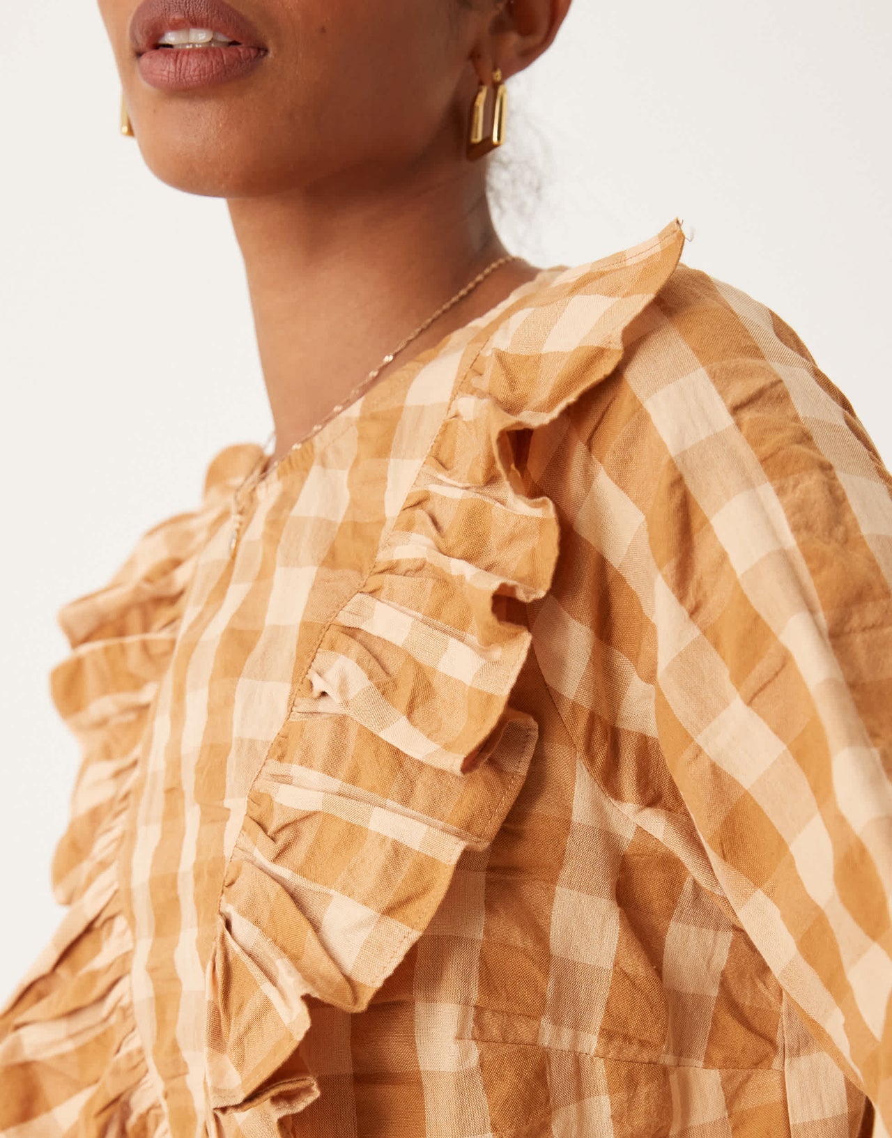 ASOS DESIGN long sleeve top with ruffle v detail in gingham