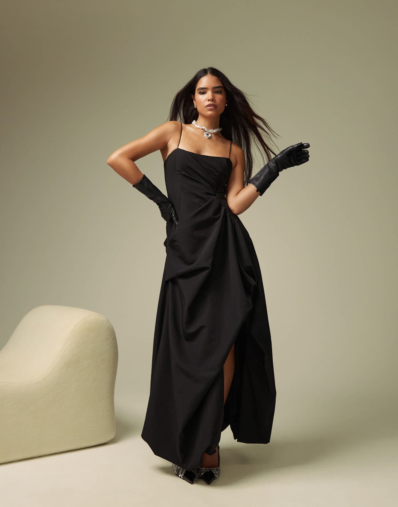 ASOS DESIGN cat eye high low puffball maxi dress in black