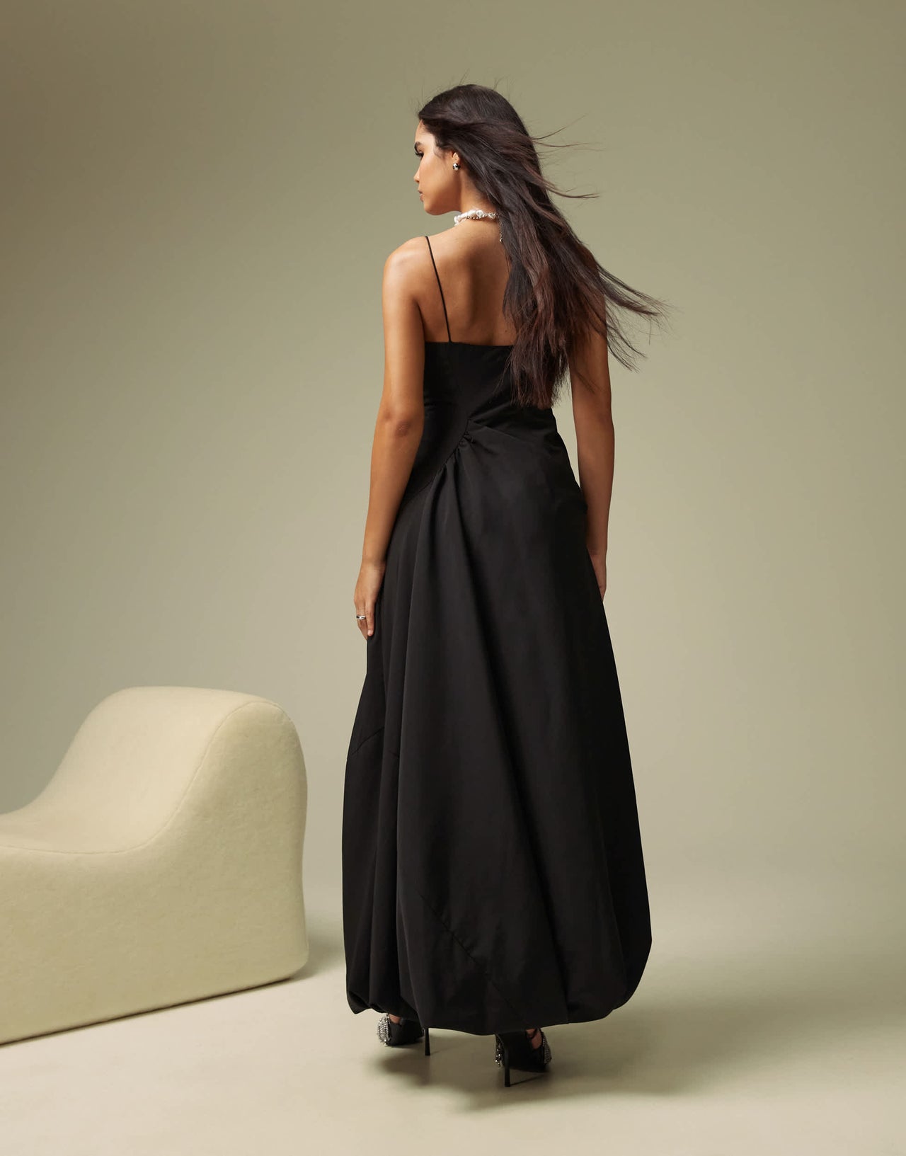 ASOS DESIGN cat eye high low puffball maxi dress in black