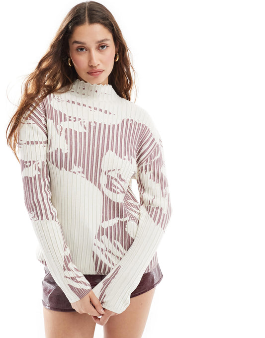 Basic Pleasure Mode talia long sleeve printed ribbed knit jumper in multi