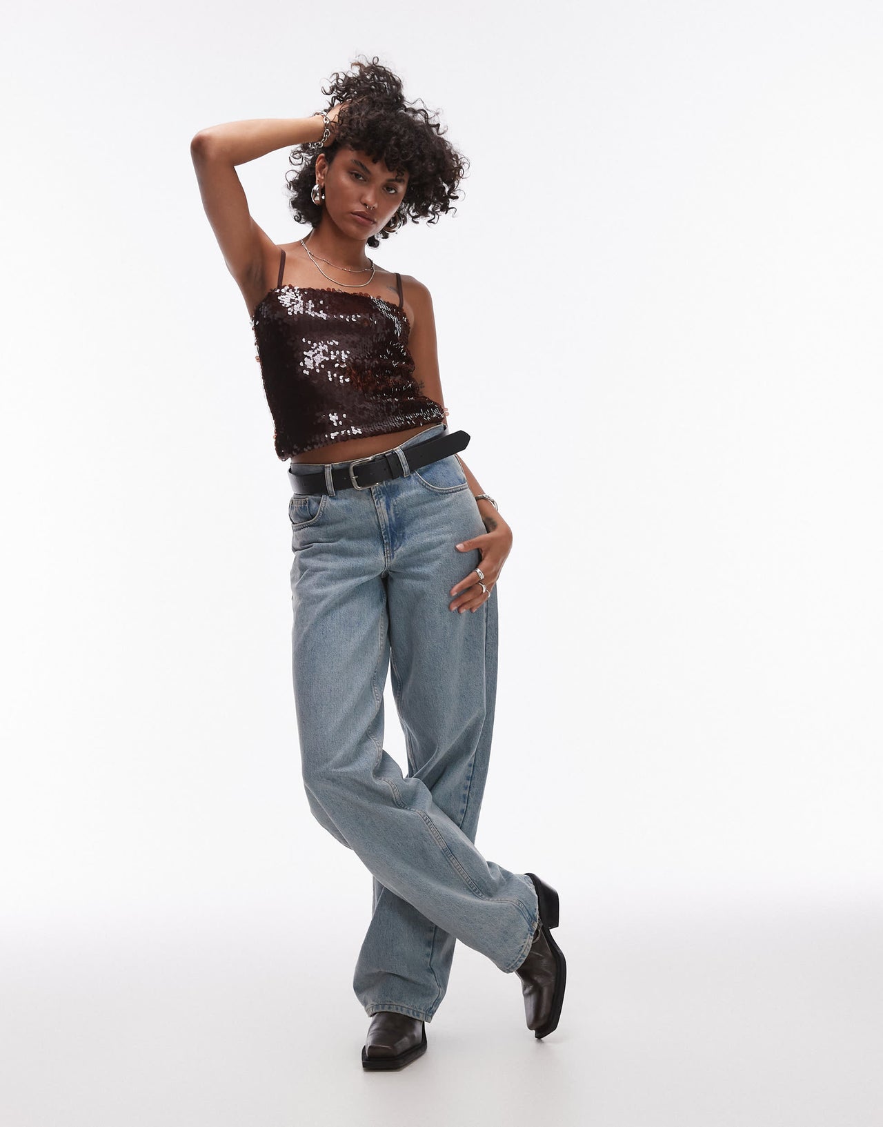 Topshop heavy sequin cami in brown