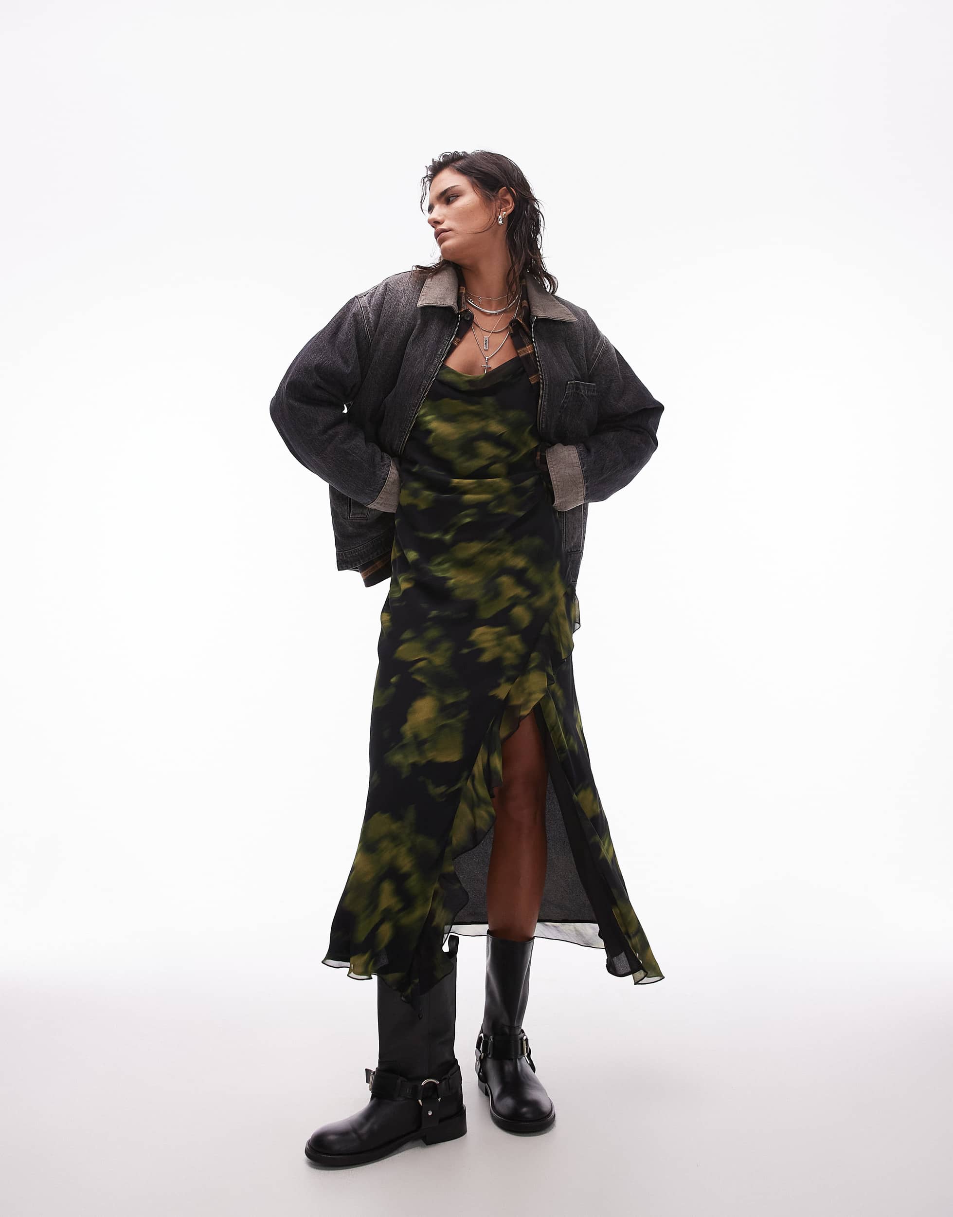 Topshop denim padded barn jacket with contrast collar in black