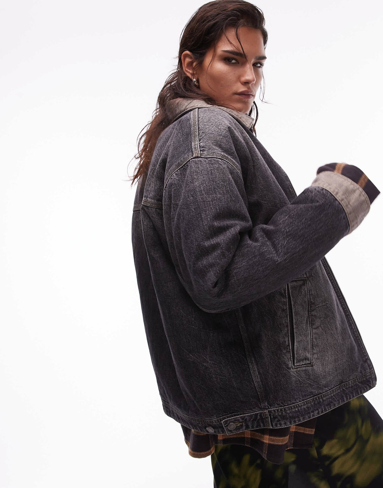 Topshop denim padded barn jacket with contrast collar in black