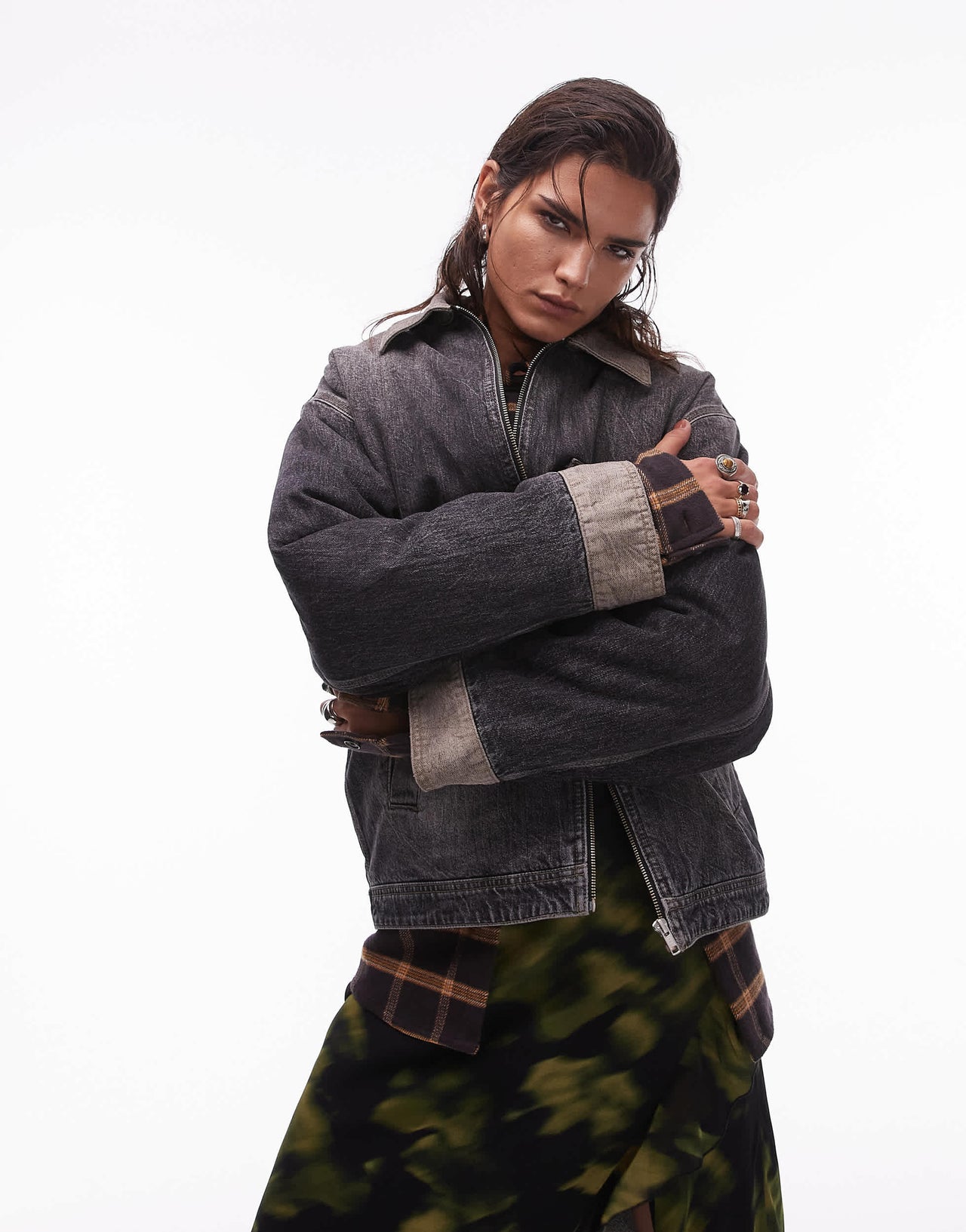 Topshop denim padded barn jacket with contrast collar in black