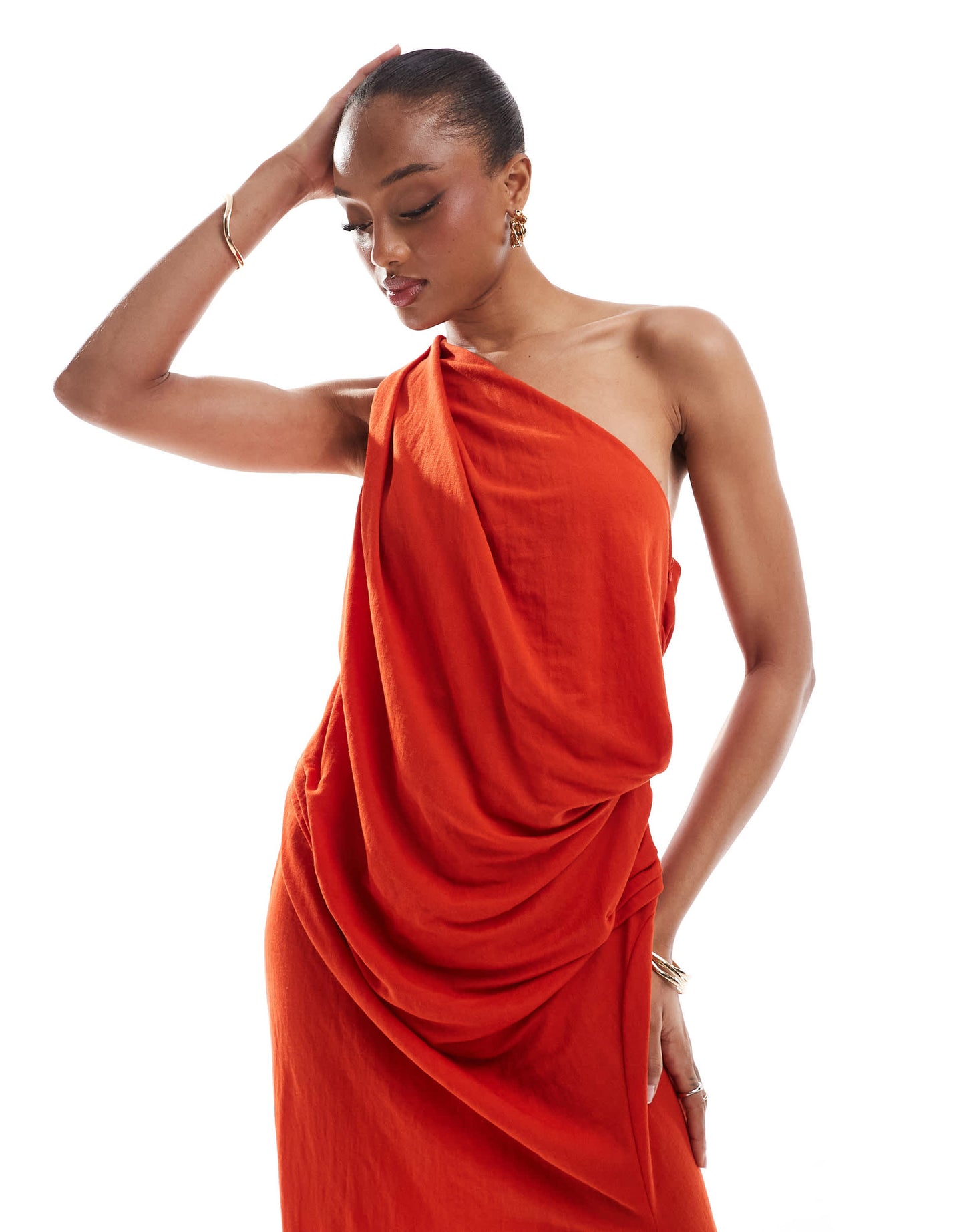 ASOS DESIGN Tall stretch linen one shoulder drape maxi dress in rust