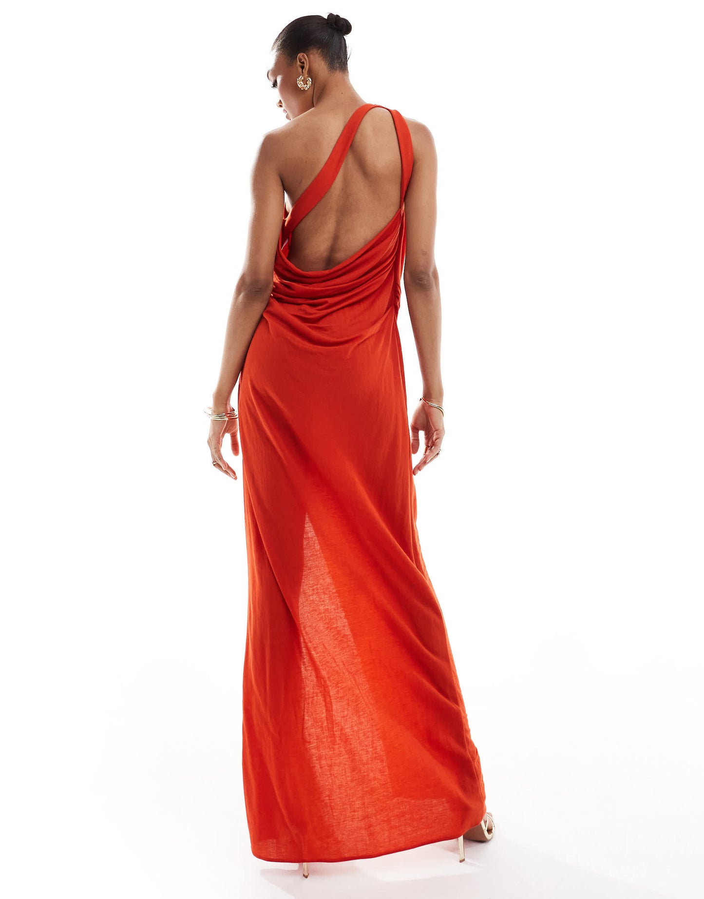 ASOS DESIGN Tall stretch linen one shoulder drape maxi dress in rust
