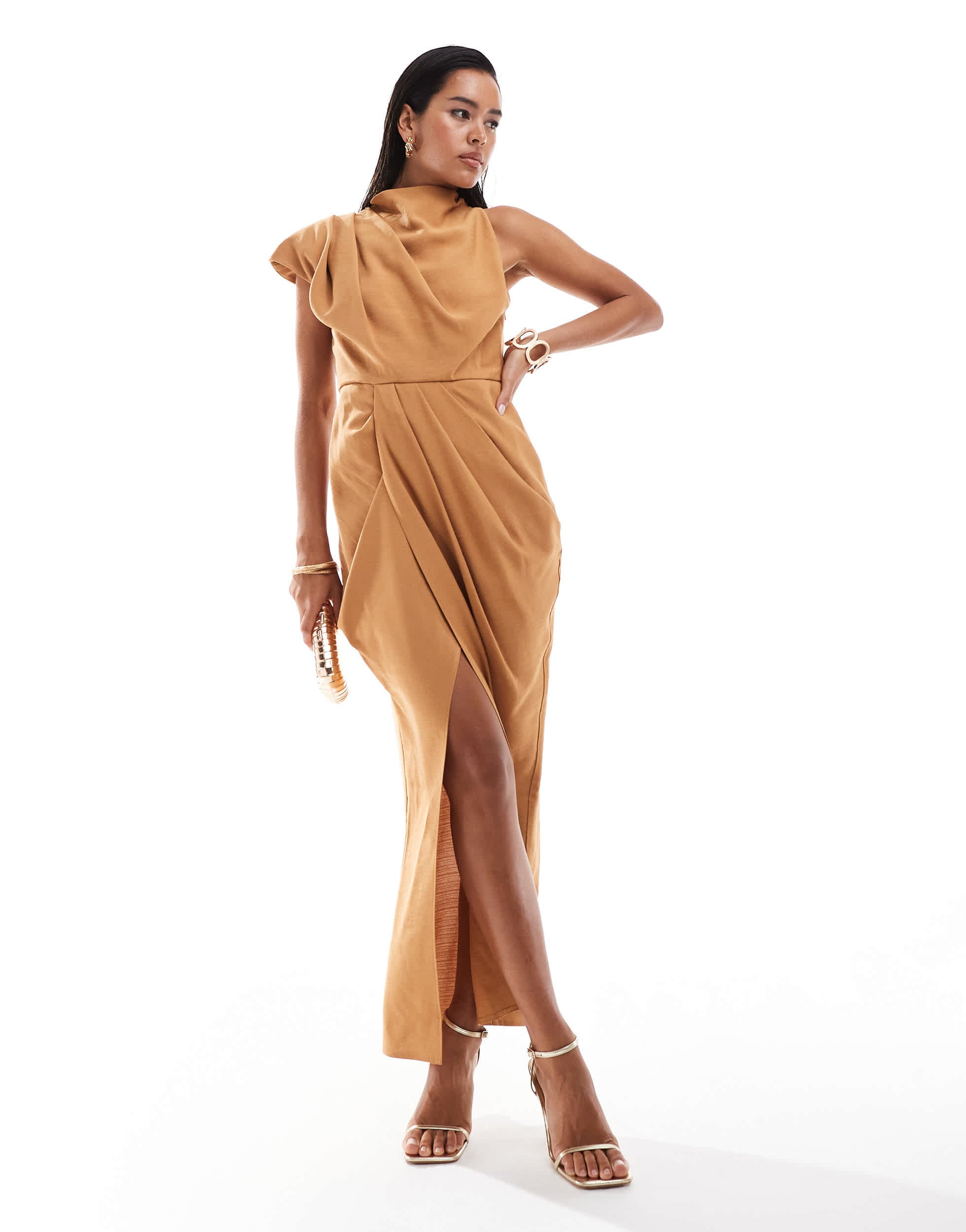 ASOS DESIGN draped one shoulder high neck midi dress in brown