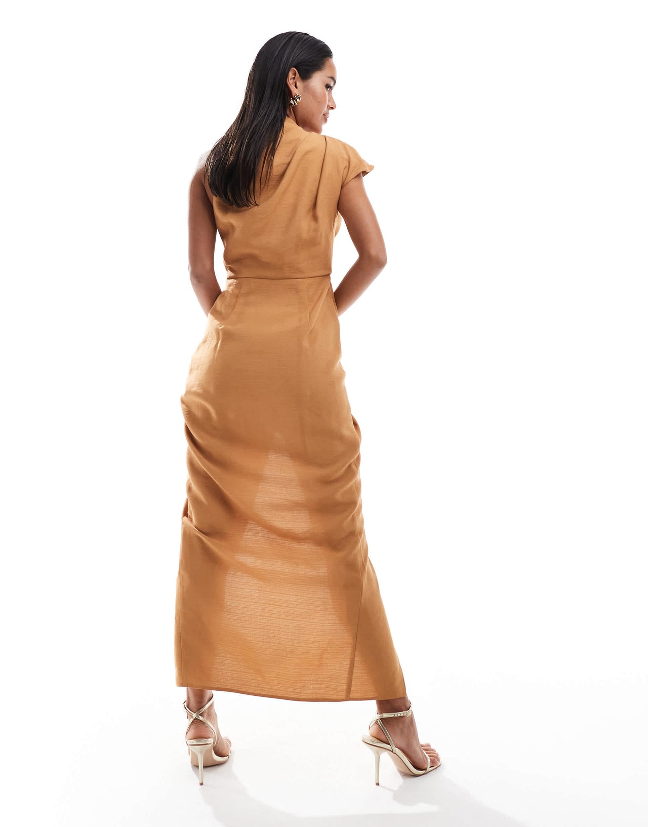 ASOS DESIGN draped one shoulder high neck midi dress in brown