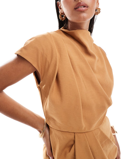 ASOS DESIGN draped one shoulder high neck midi dress in brown