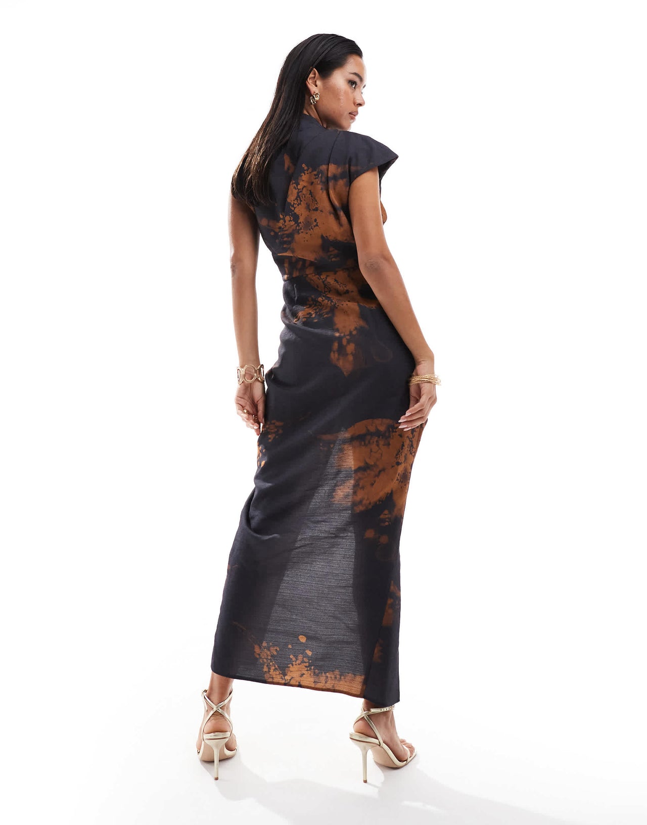 ASOS DESIGN draped one shoulder high neck midi dress in abstract floral print