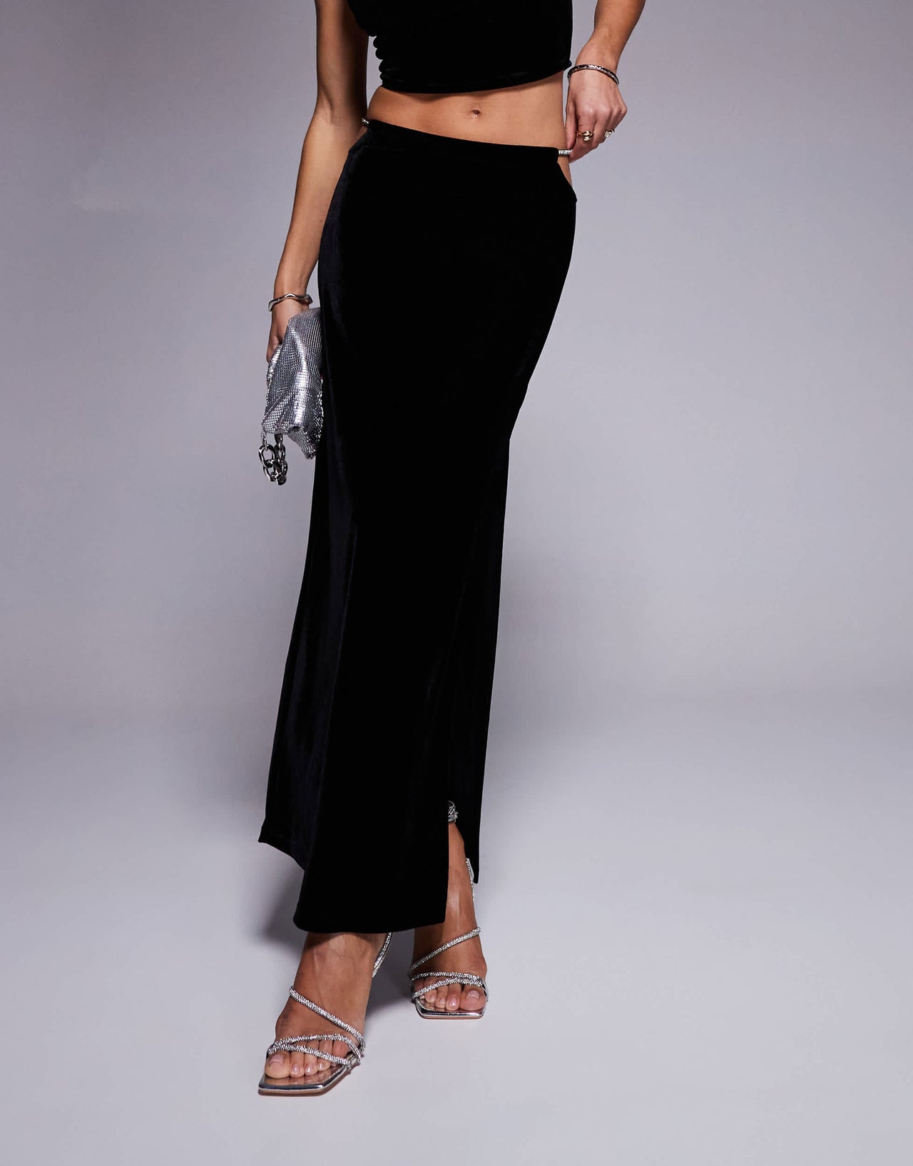 ASOS DESIGN co-ord velvet midi skirt with diamante trim in black