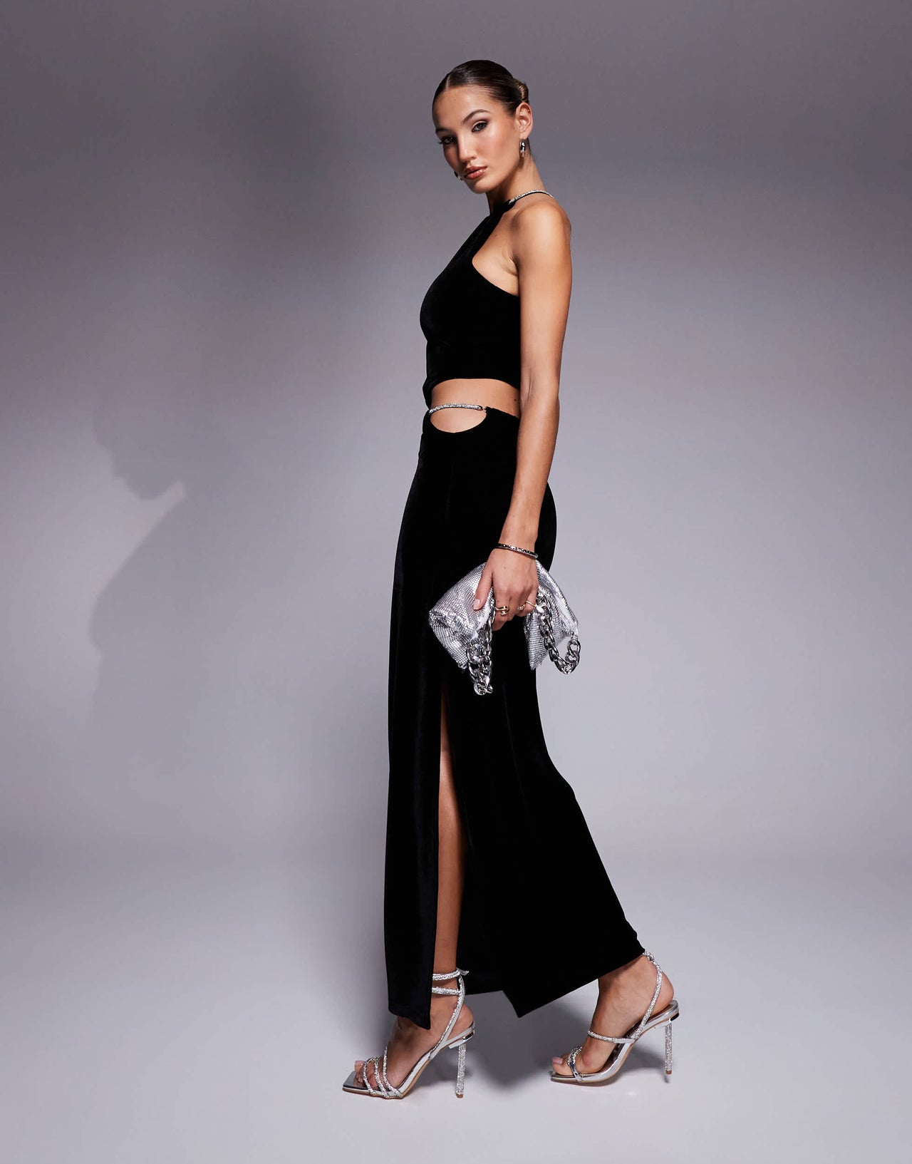 ASOS DESIGN co-ord velvet midi skirt with diamante trim in black