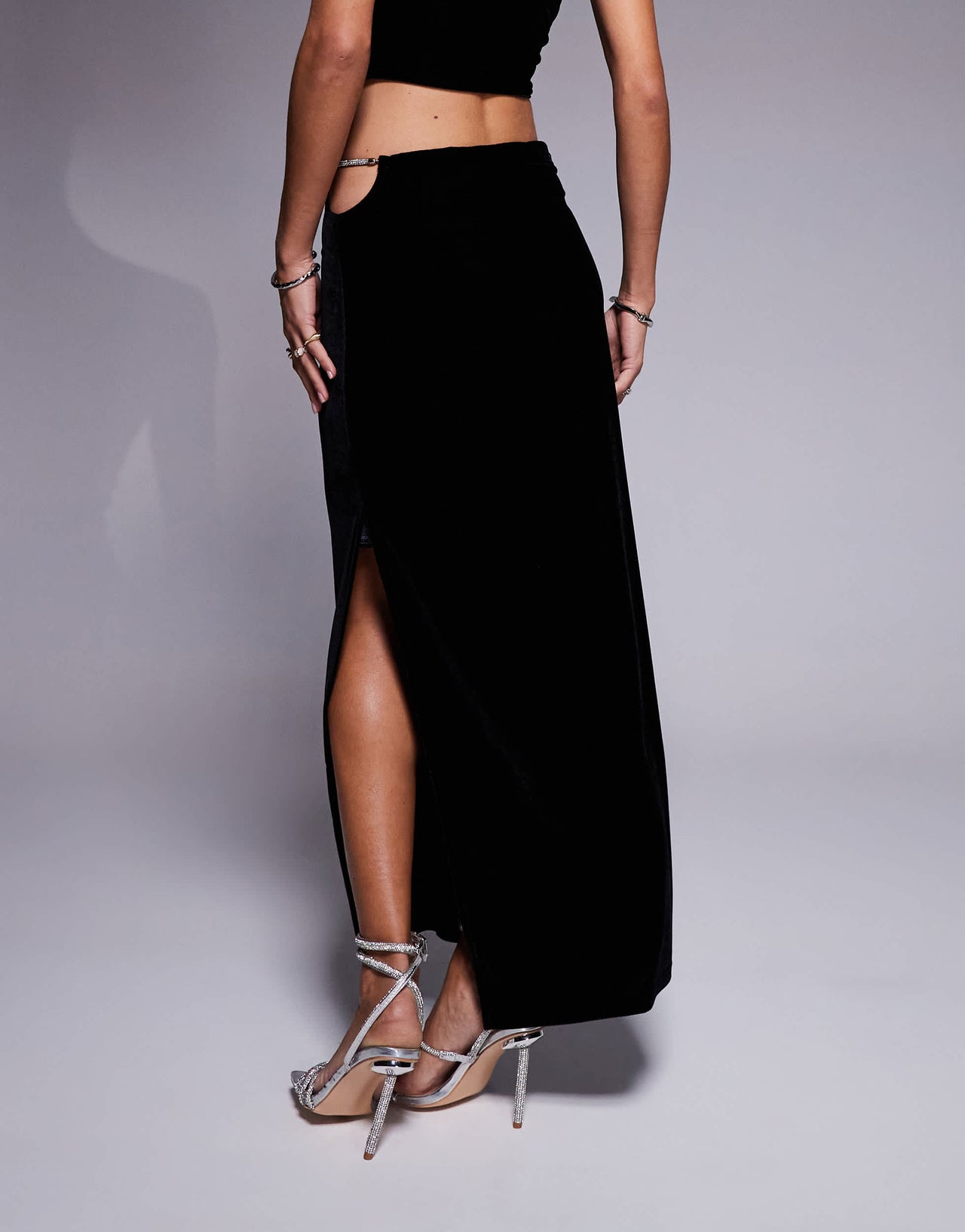 ASOS DESIGN co-ord velvet midi skirt with diamante trim in black