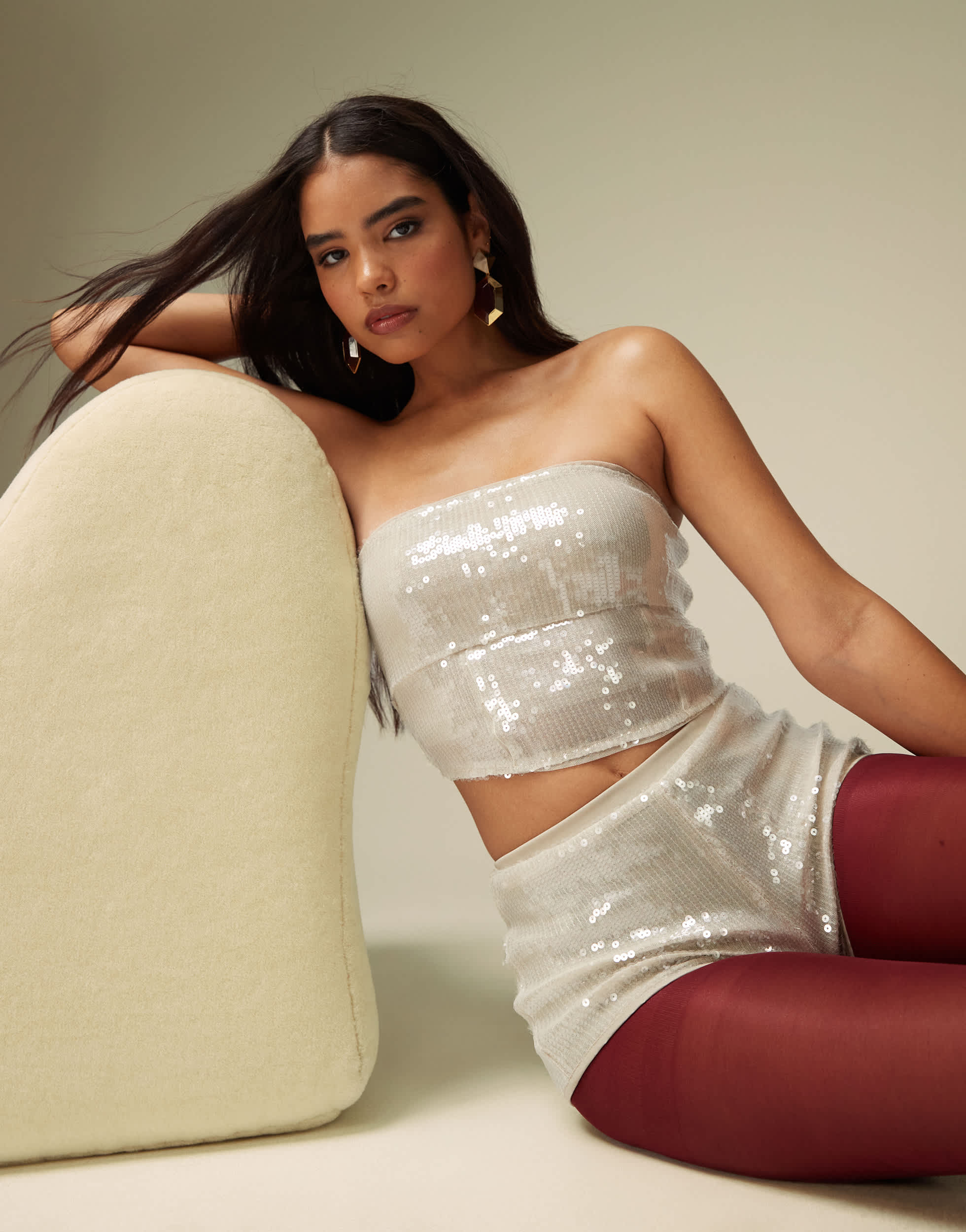 ASOS DESIGN sequin bandeau top in stone