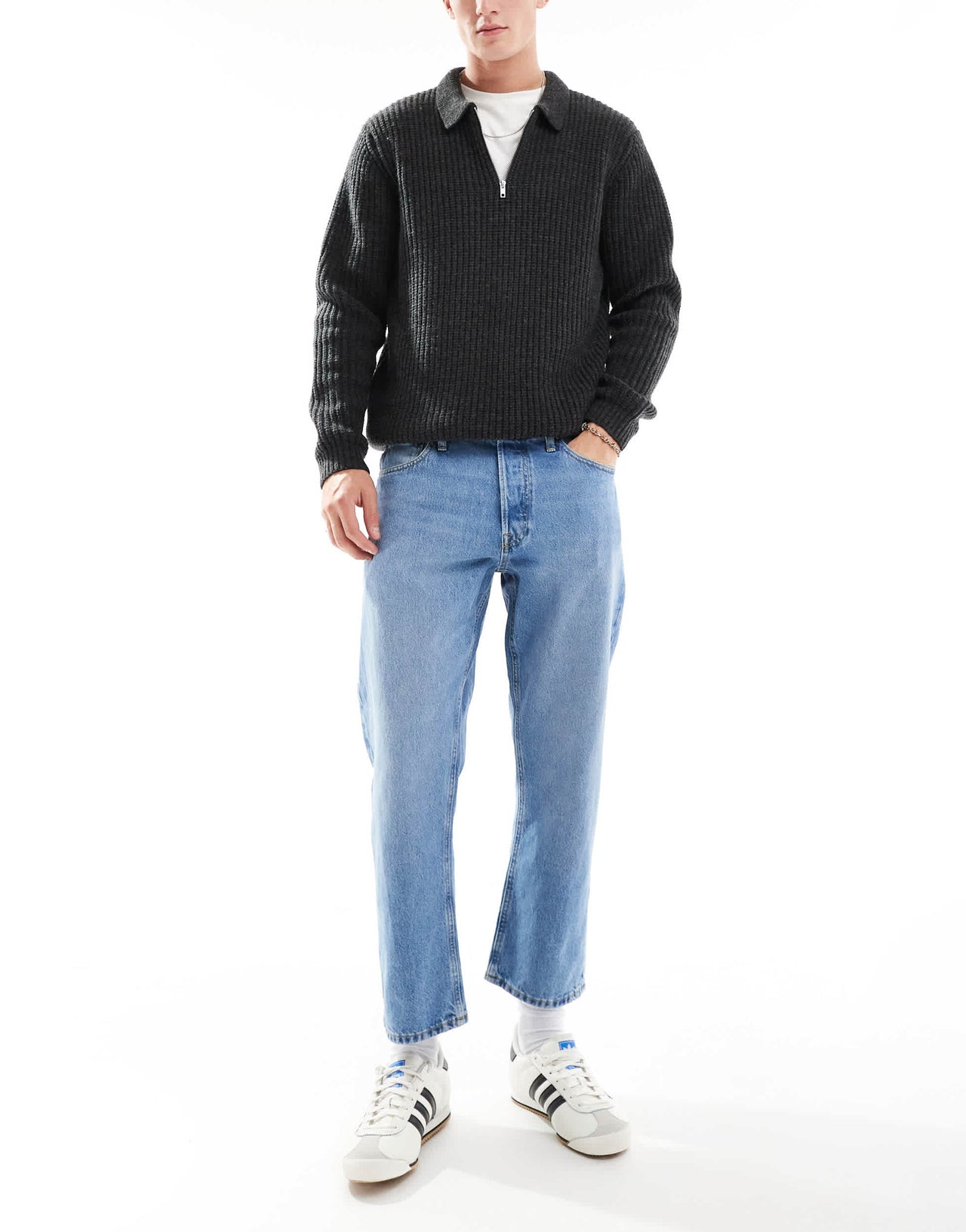 Jack & Jones mark cropped straight jean in mid blue wash