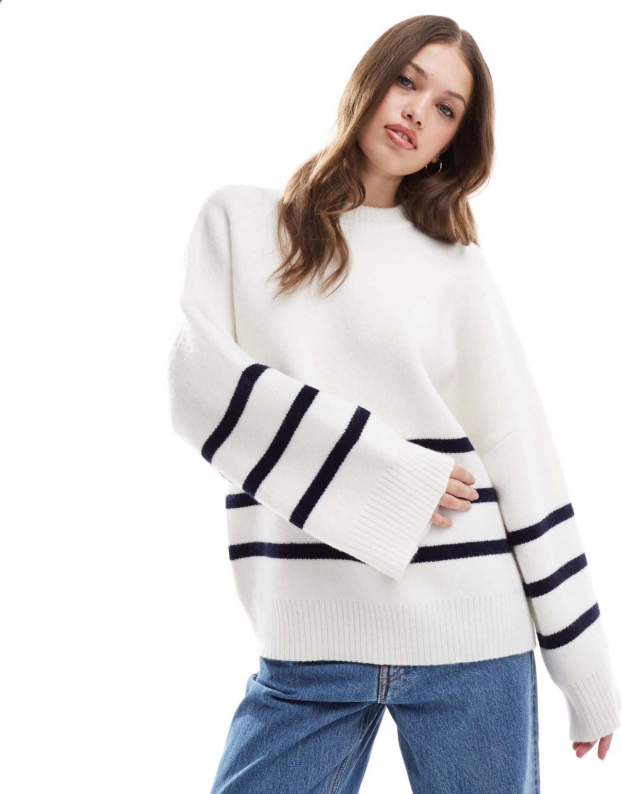 Pretty Lavish crew neck stripe knit jumper in white