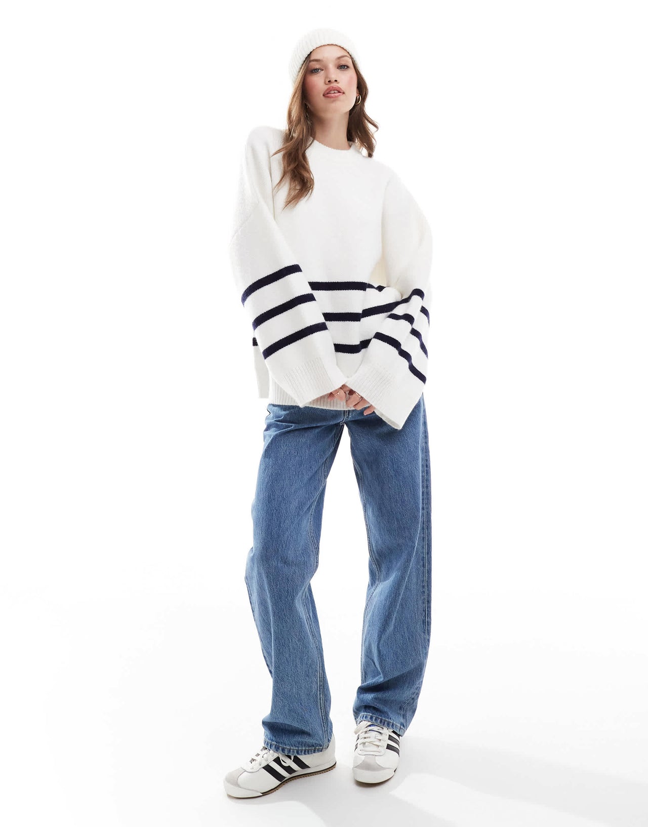 Pretty Lavish crew neck stripe knit jumper in white