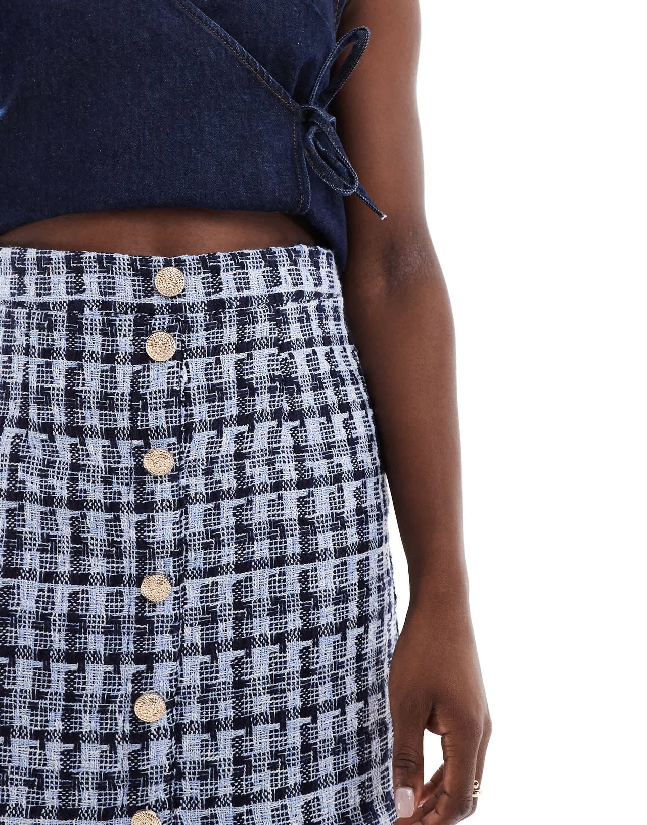 YAS boucle mini skirt with button front in blue check - BLUE