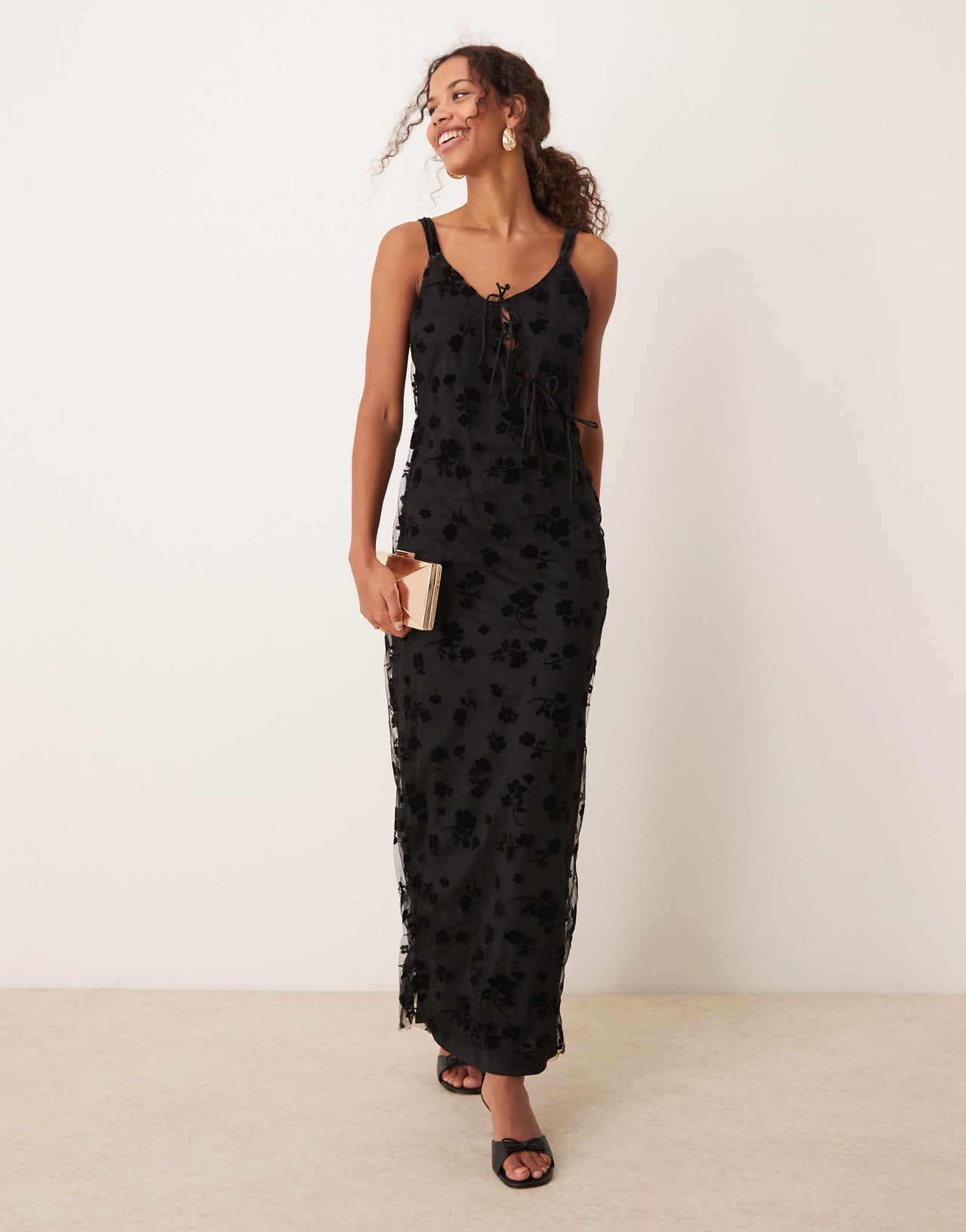 YAS mesh and burnout strappy midi dress in black