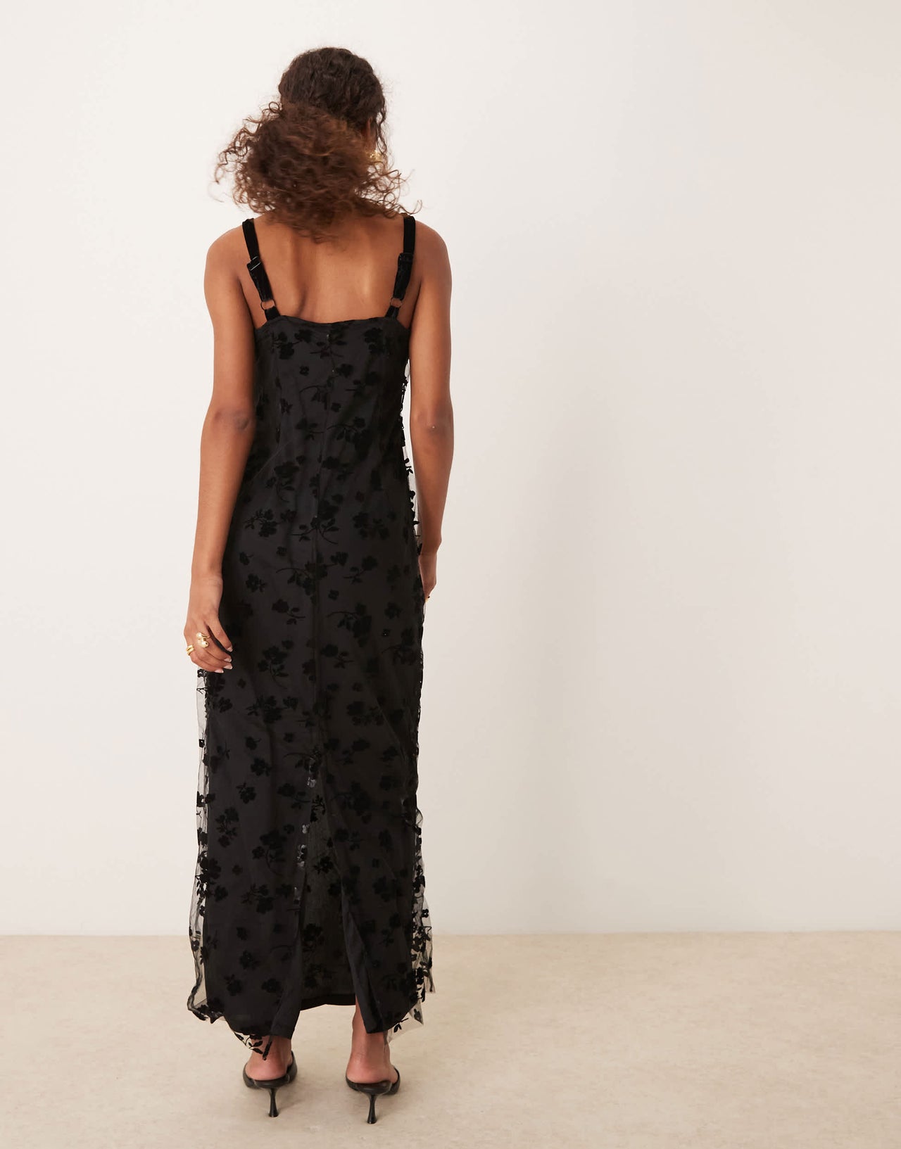 YAS mesh and burnout strappy midi dress in black