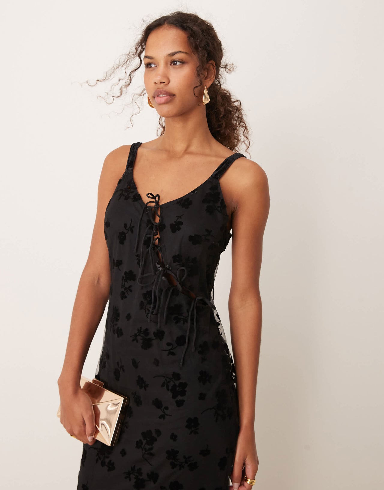 YAS mesh and burnout strappy midi dress in black