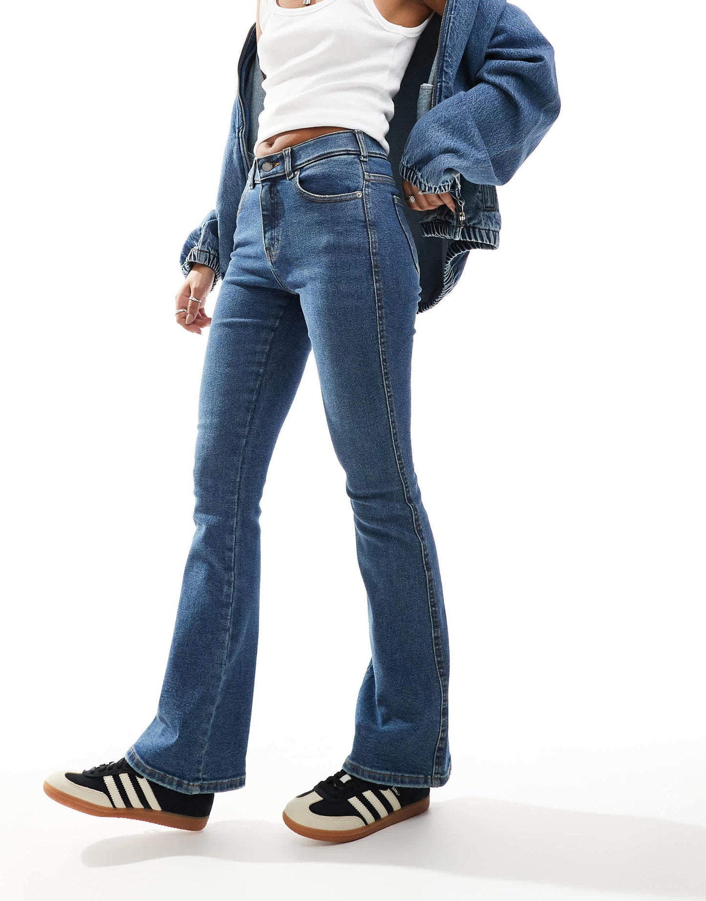 Dr Denim Lexy Bootcut mid waist slim fit bootcut leg jeans in cape mid used blue wash